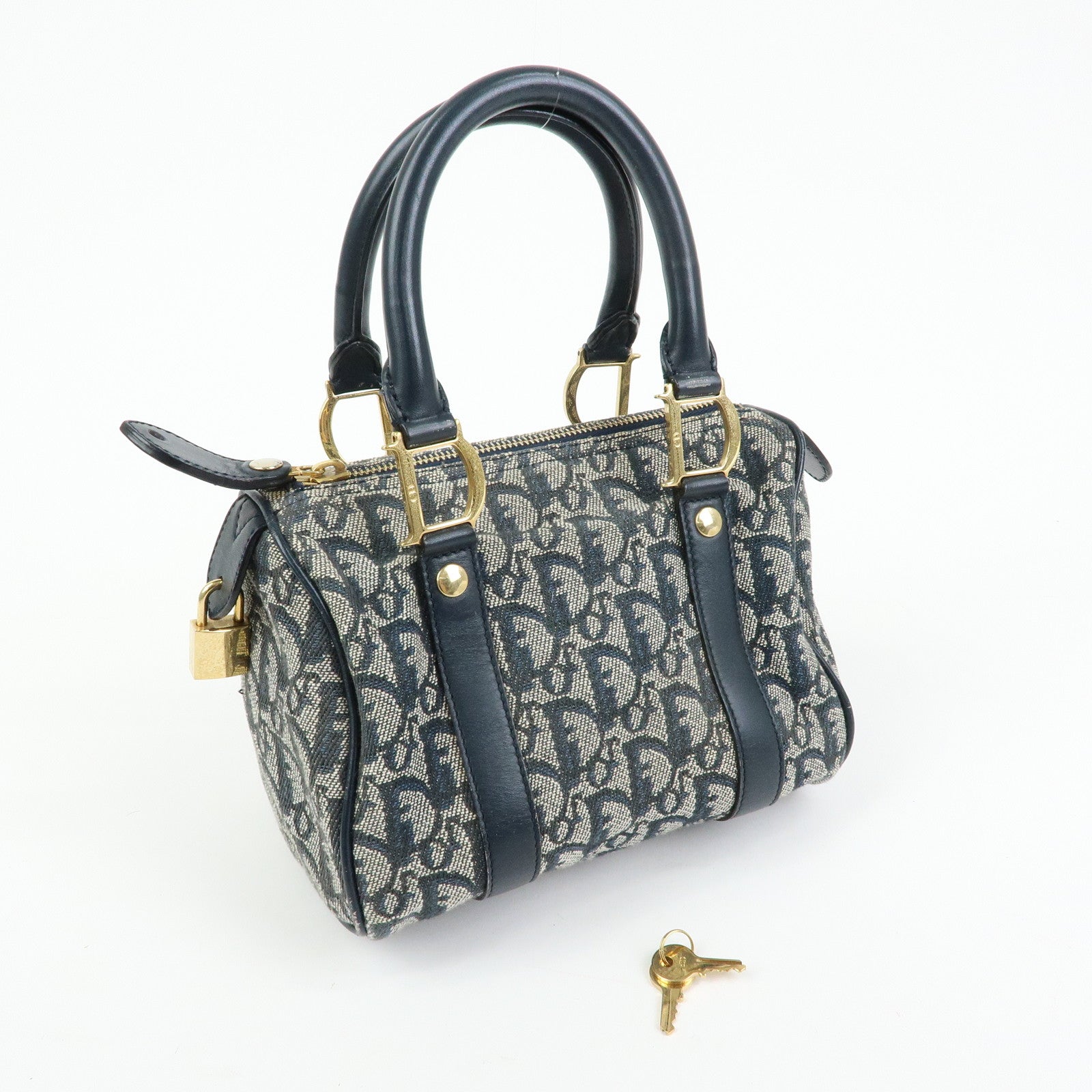 Christian Dior Trottern Jacquard Leather Mini Boston Bag Hand Bag Navy
