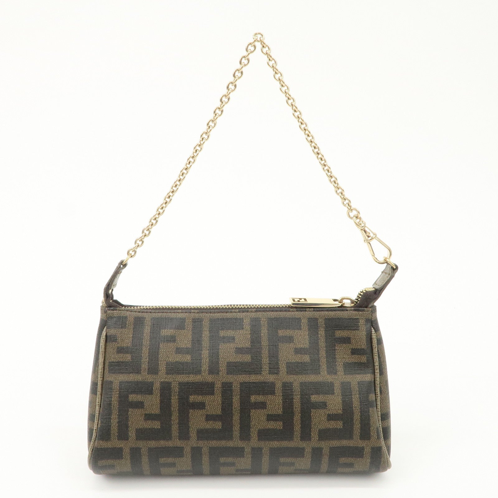 FENDI Zucca PVC Leather Chain Accessory Pouch Hand Bag Brown 8M0264 Used