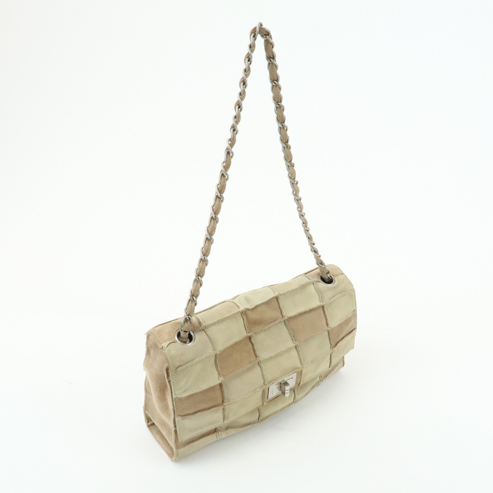 CHANEL 2.55 Suede Patchwork Chain Shoulder Bag Beige A14528