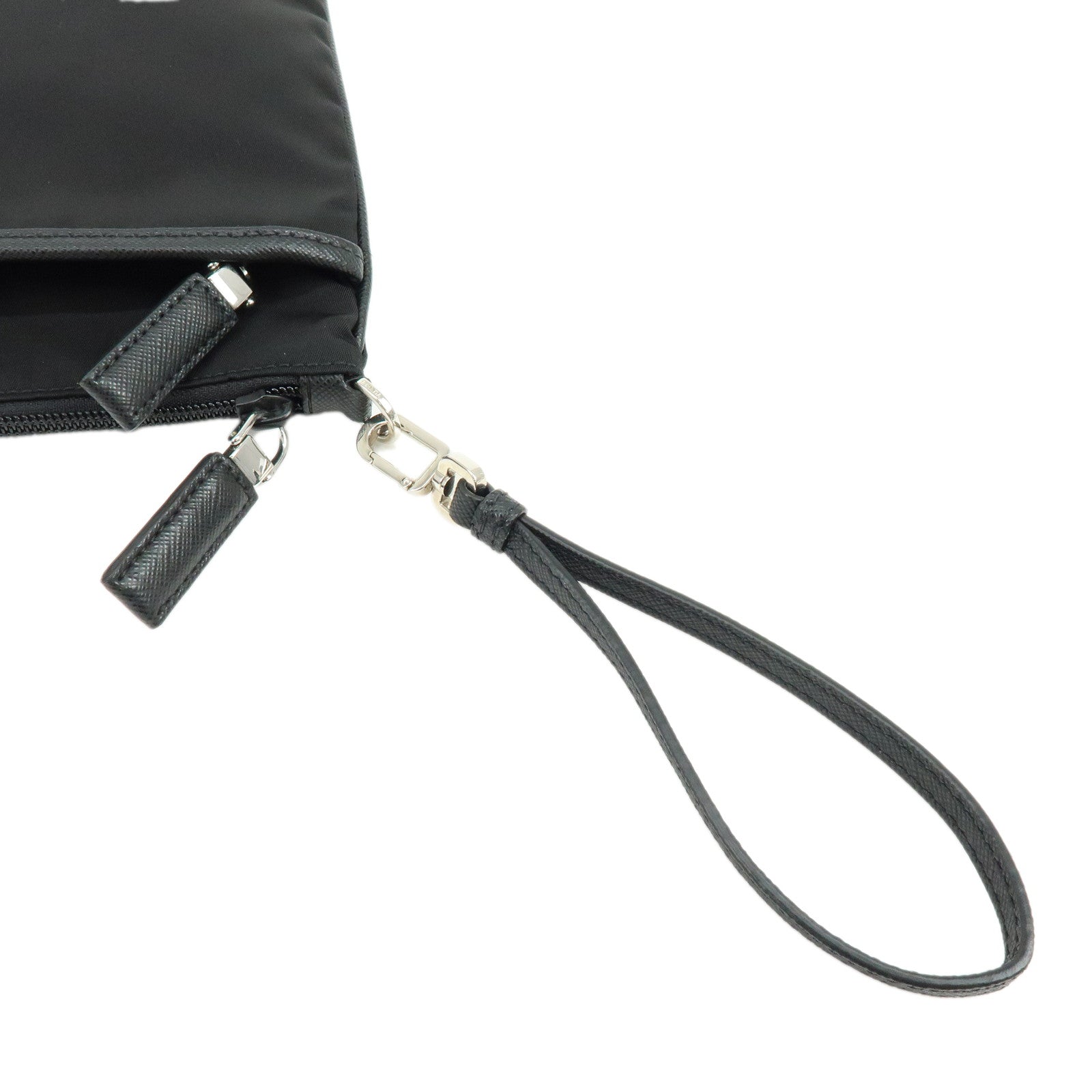 PRADA Triangle Logo Nylon Saffiano Leather Clutch Bag Black 2VN012