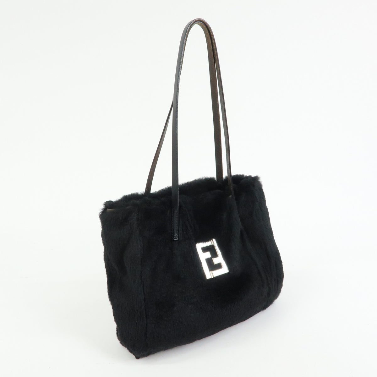 FENDI FF Logo Lapin Rabbit Fur Leather Shoulder Tote Bag Black 16001