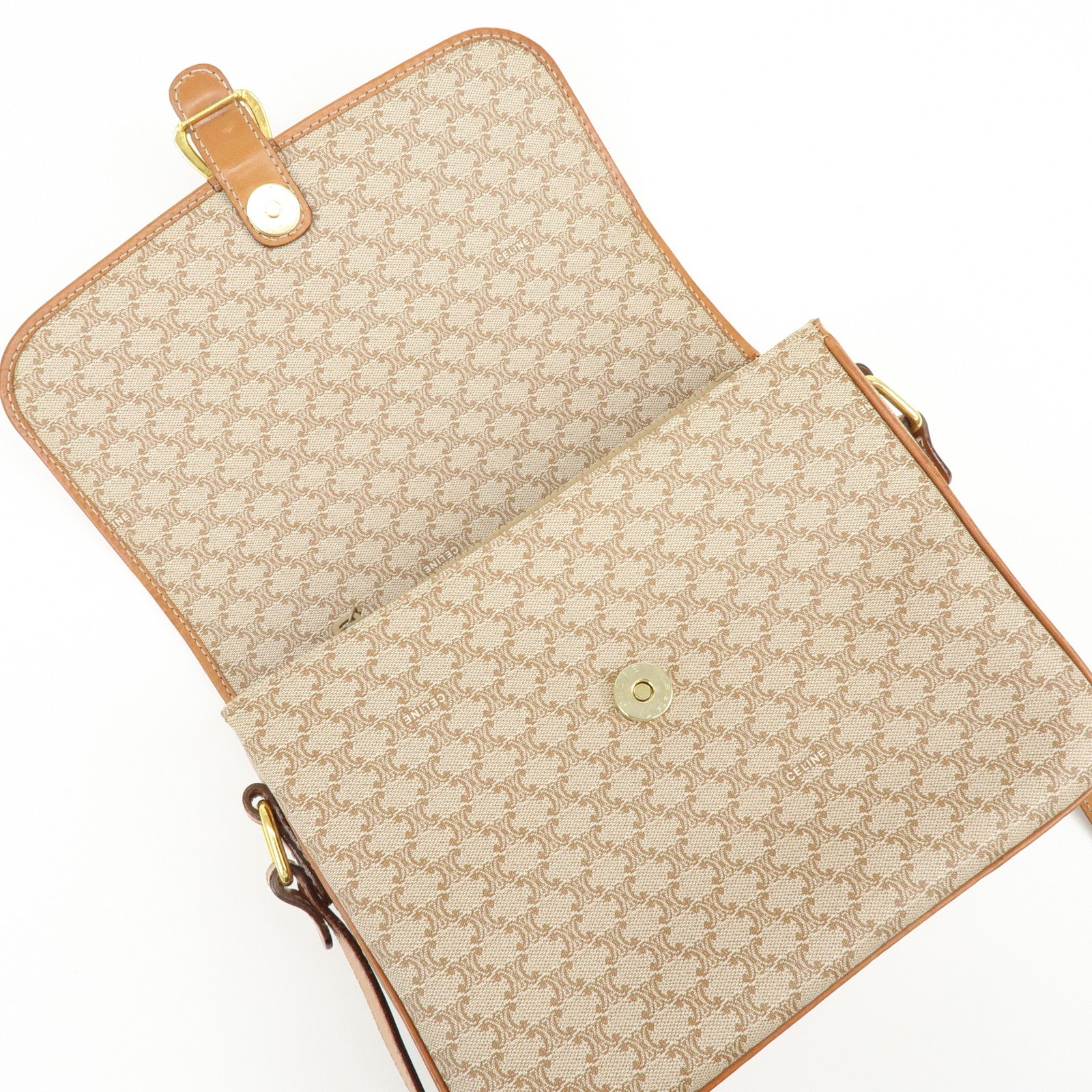 CELINE Macadam PVC Leather Shoulder Bag Crossbody Bag Brown Beige