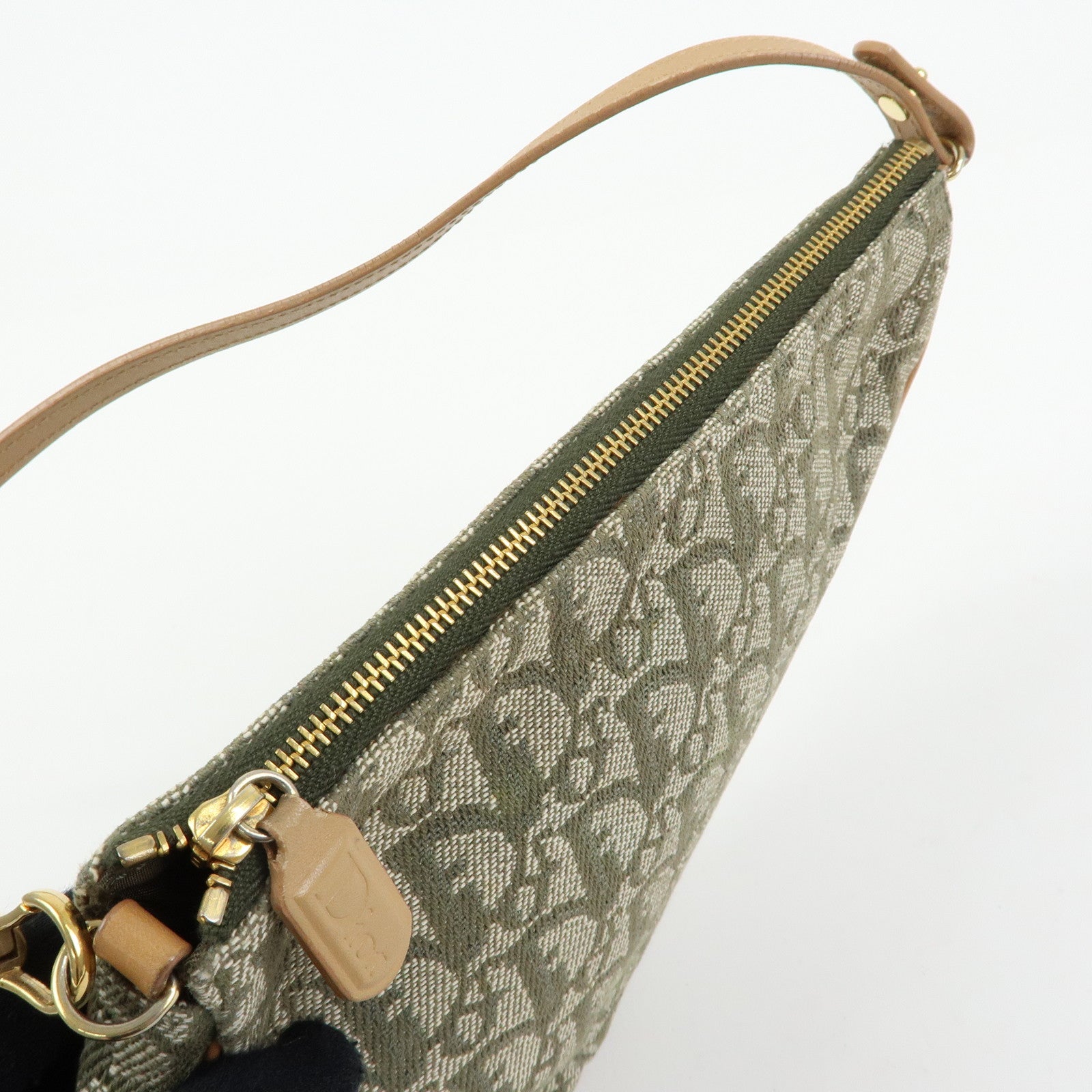 Christian Dior Trotter Saddle Jacquard Canvas Hand Bag Green Beige