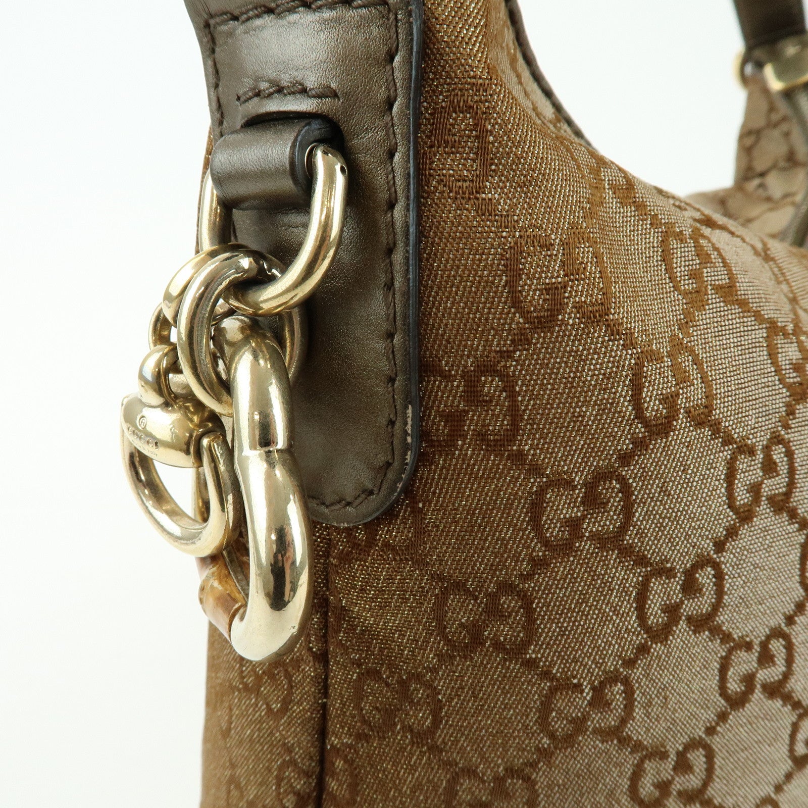GUCCI Heart Bit GG Canvas Leather Shoulder Bag Bamboo Charm 269958