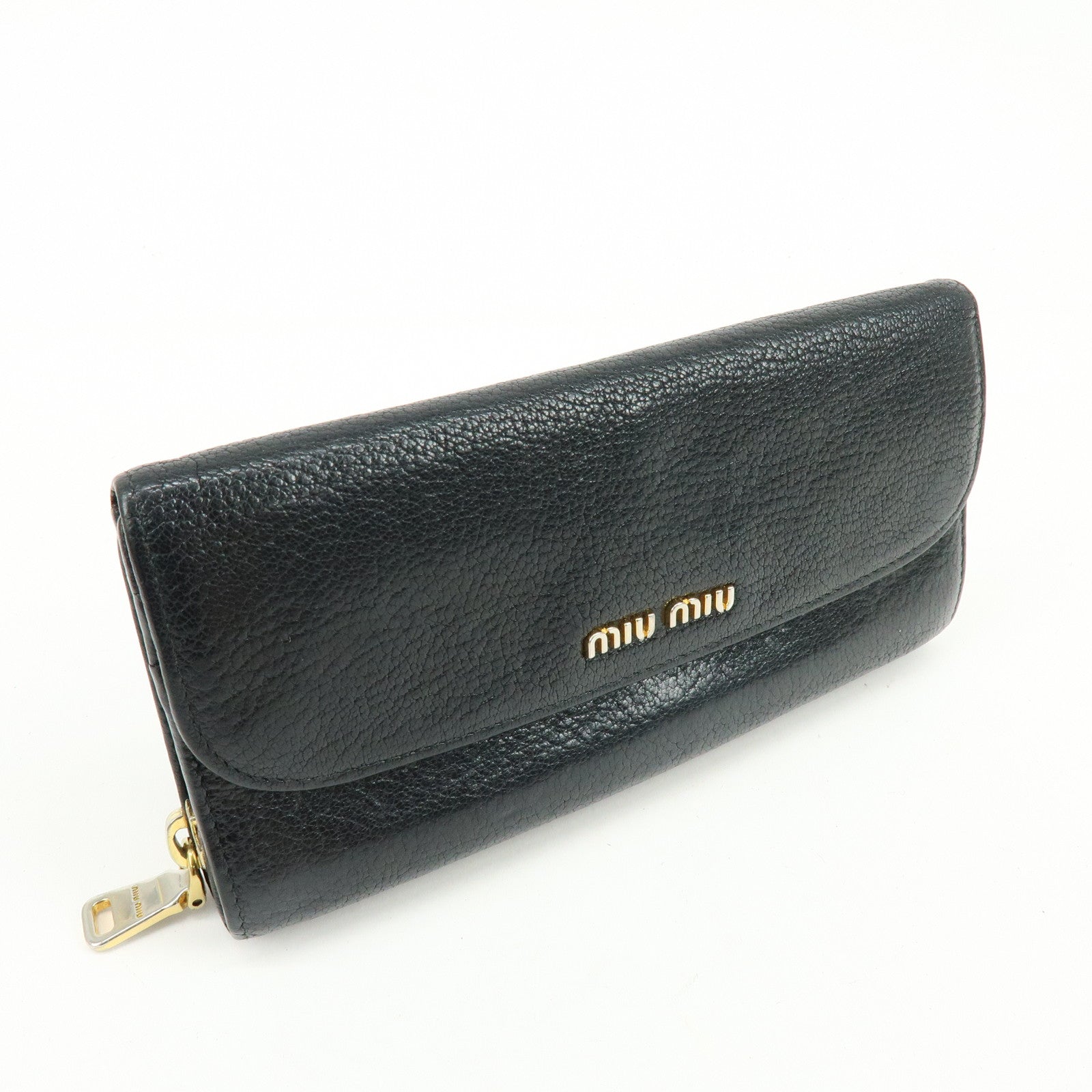 MIU MIU Leather Long Flap Round Zip Wallet Black 5M1344