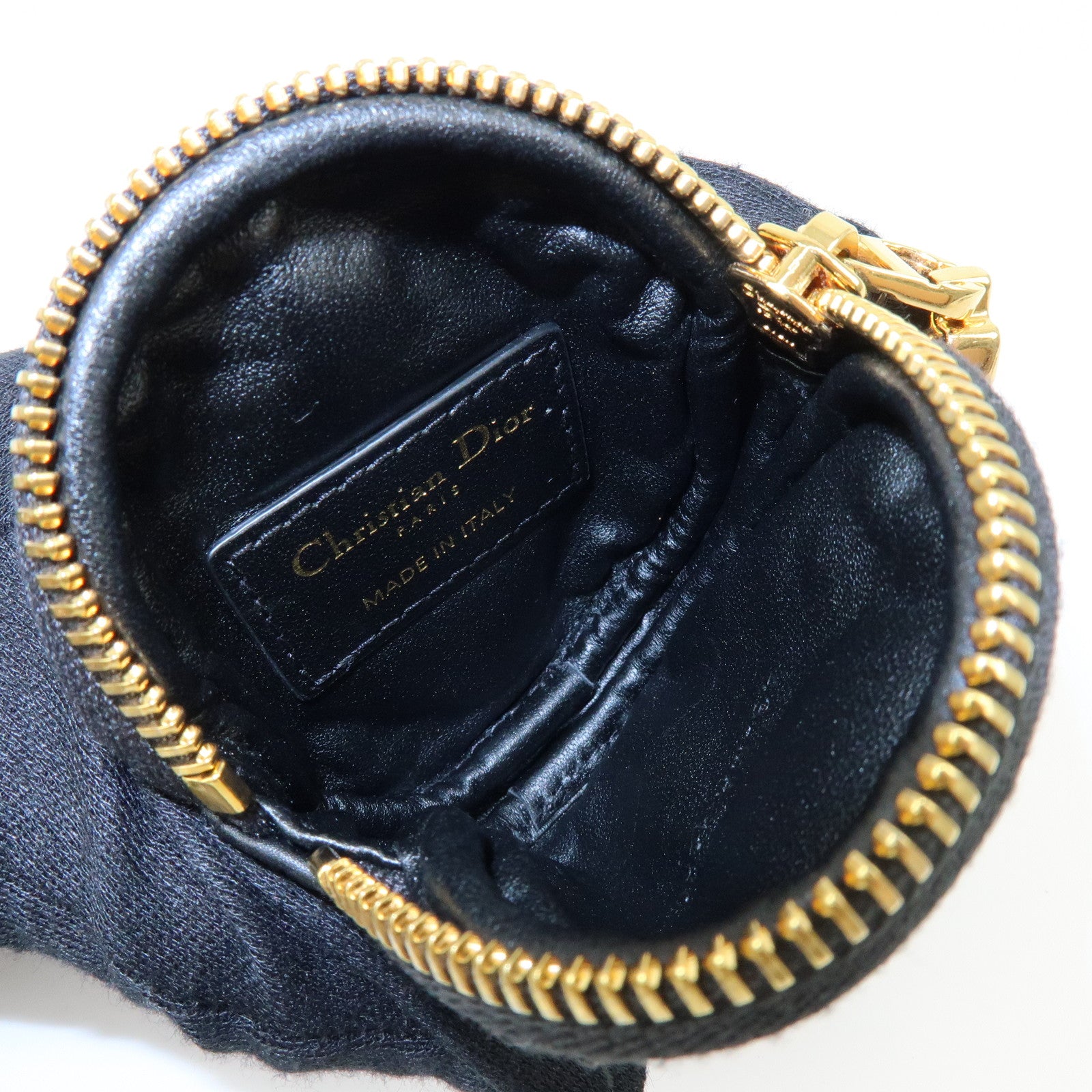 Christian Dior Caro Cannage Calf Skin Round Coin Case Bag Charm Black