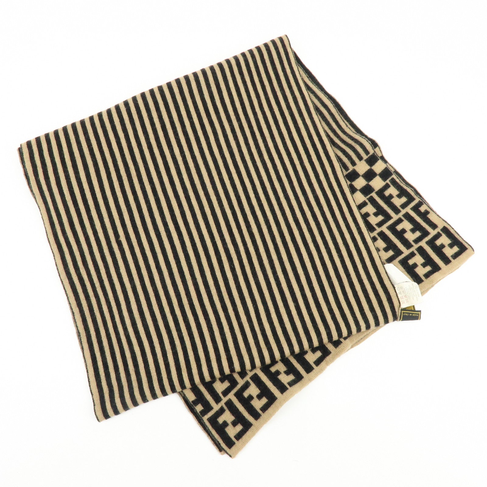 FENDI Zucca FF Logo Wool 100% Scarf Stole Stripe Beige Black