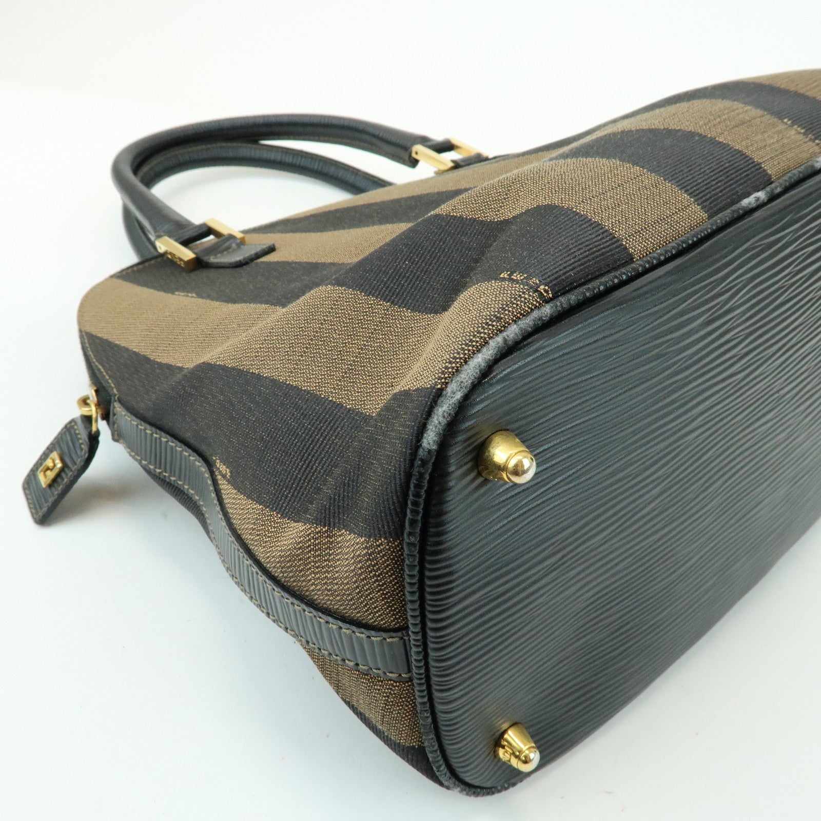 FENDI Pequin Canvas Embossed Leather 2Way Bag Hand Bag Brown