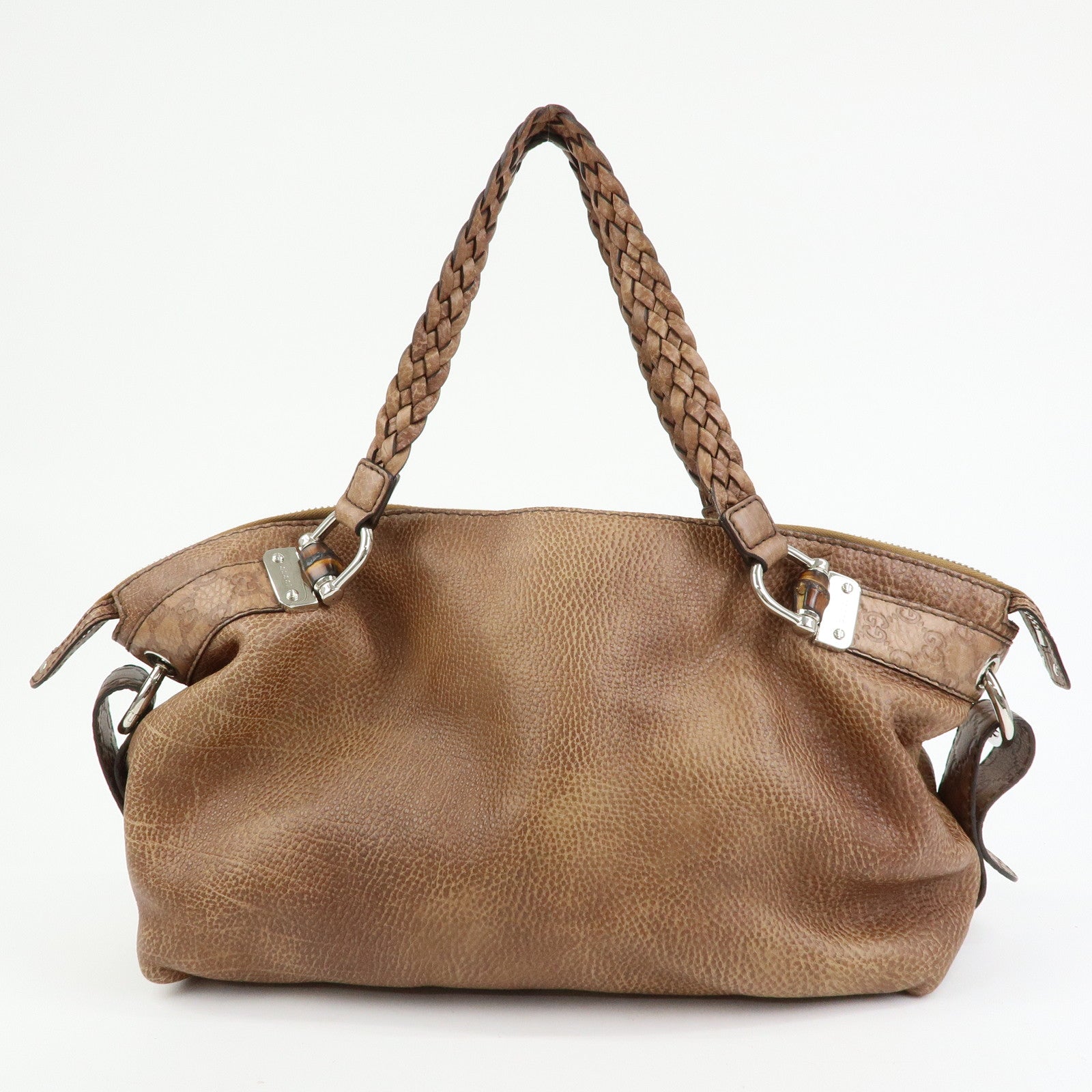 GUCCI Bamboo Embossed Leather Boston Bag Hand Bag Brown 232959