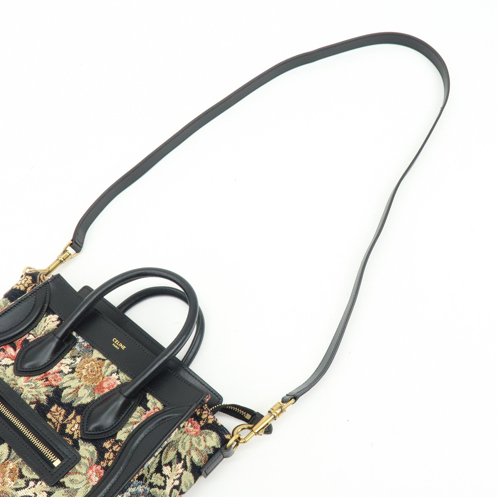 CELINE Luggage Jaquard Canvas Leathre Flower 2Way Shoulder Bag Black