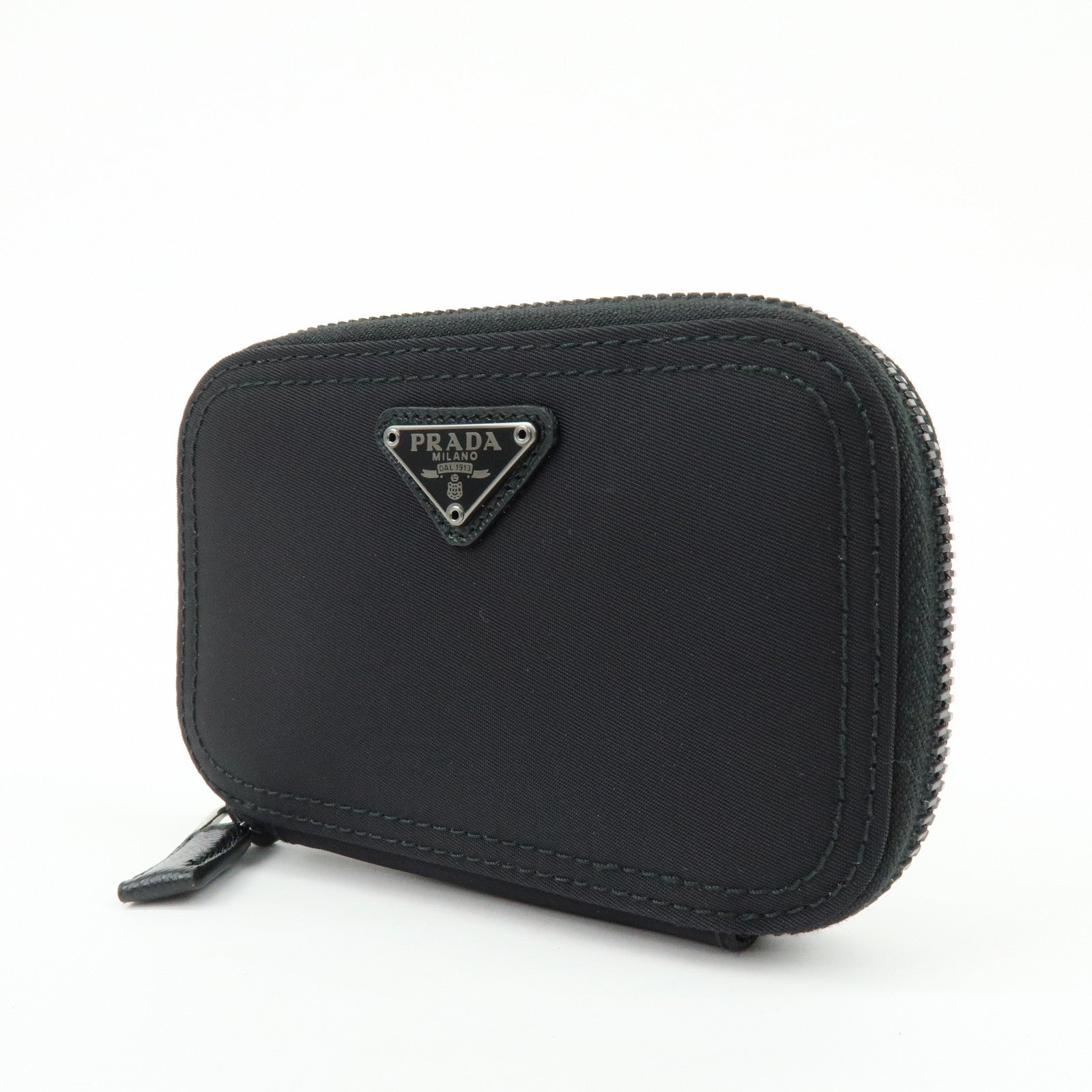 PRADA Triangle Logo Nylon Saffiano Leather Zippy Key Case Black 2PG003