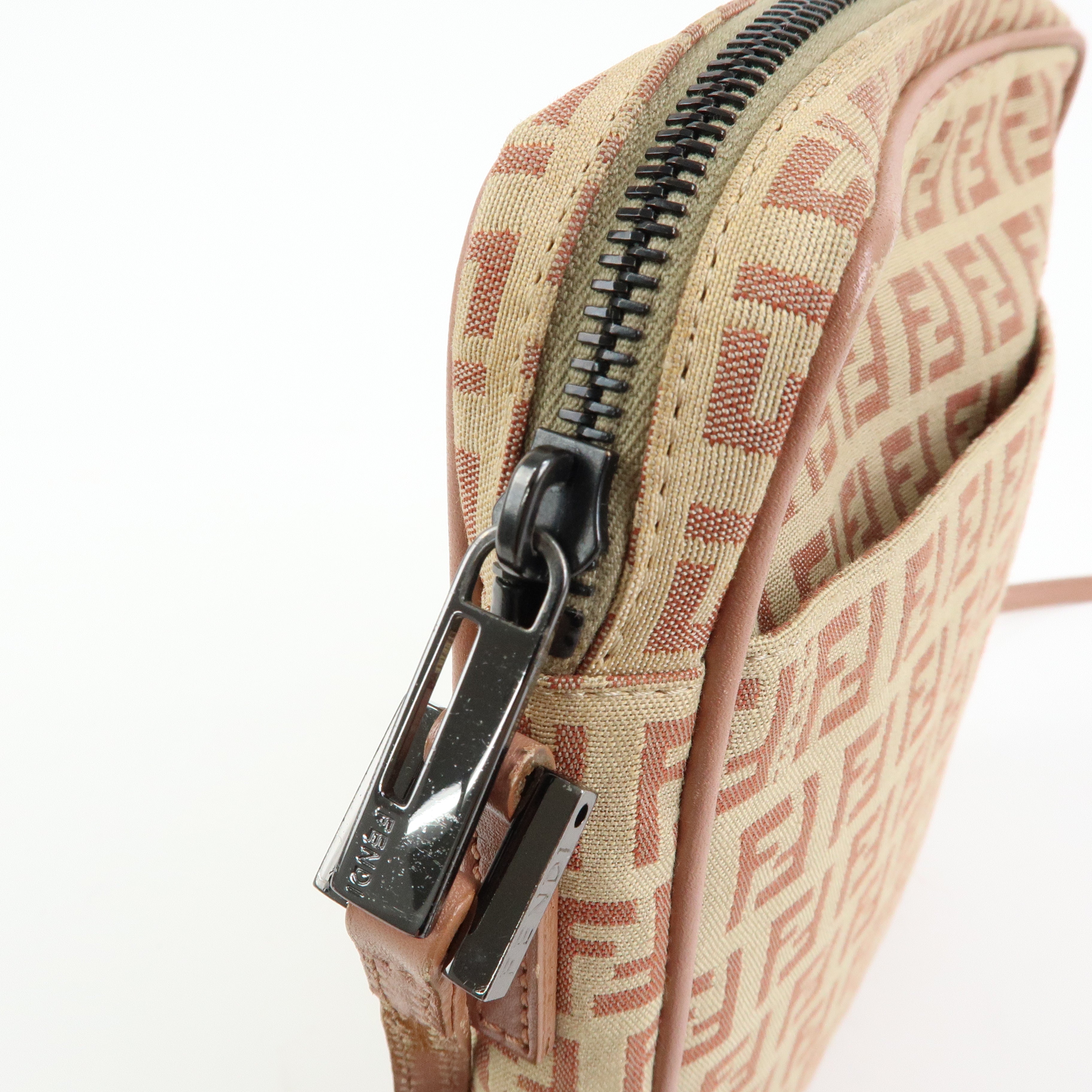 FENDI Zucchino Canvas Leather Shoulder Crossbody Bag Beige Pink 8BT053