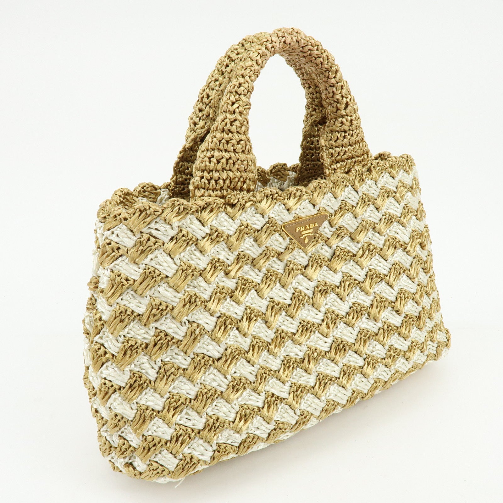 PRADA Traingle Logo Canapa Raffia Tote Bag Hand Bag Natural White