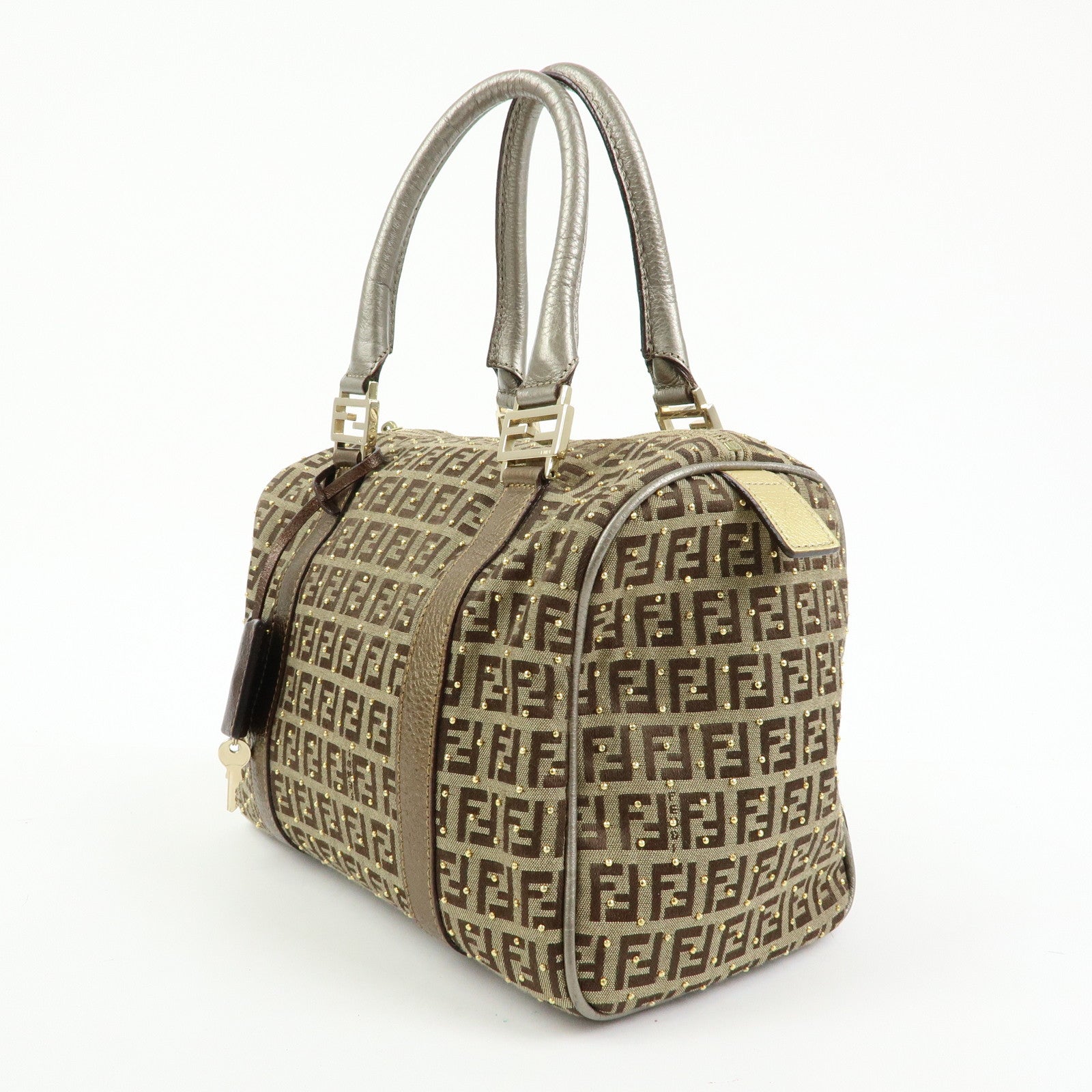 FENDI Zucchino Canvas Leather Boston Bag Hand Bag Beige Gold 8BL068