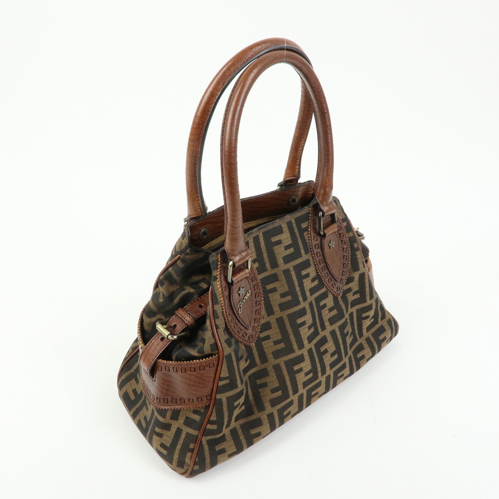 FENDI Zucca Etnico Canvas Leather Hand Bag Brown 8BN157