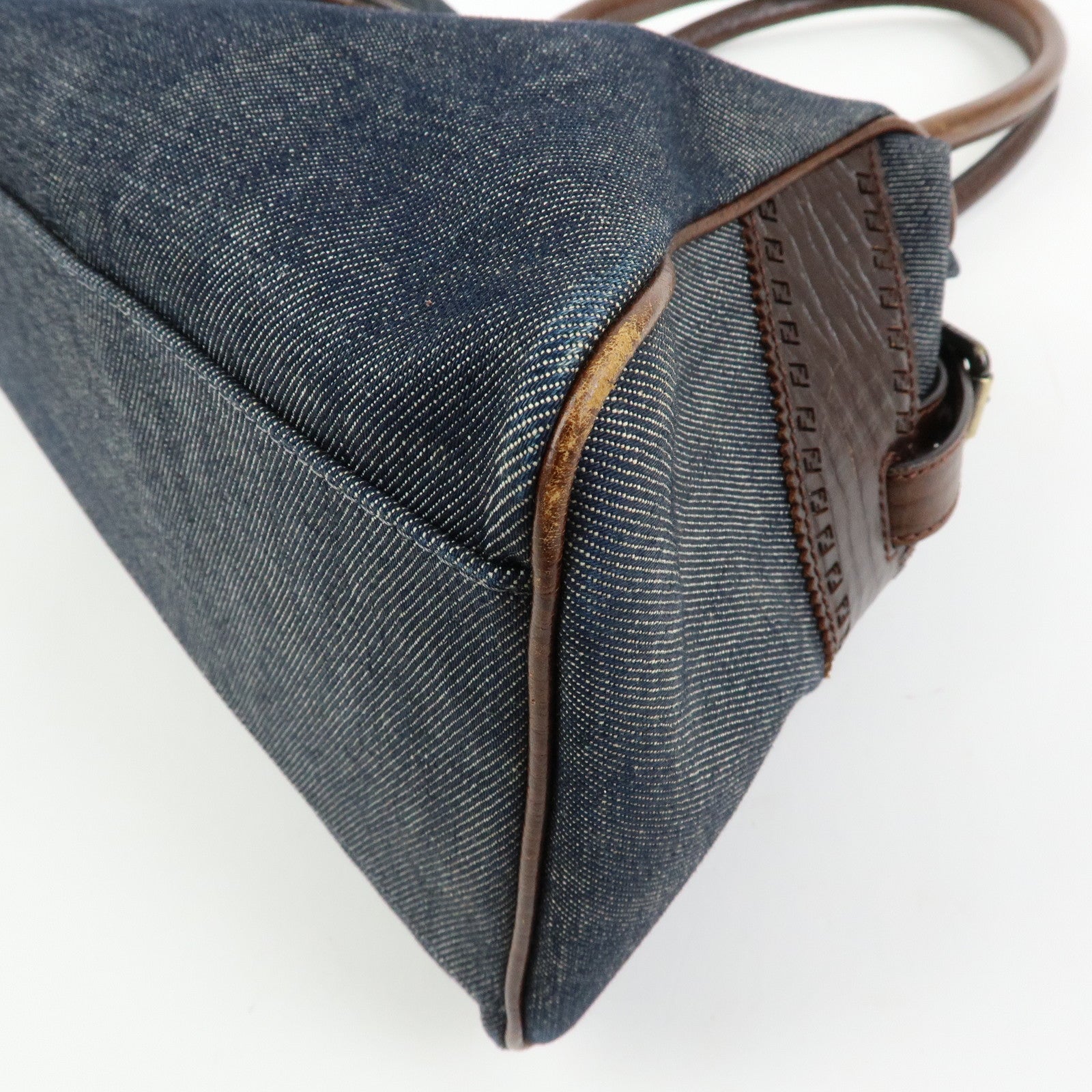 FENDI Etnico Leather Denim Tote Bag Shoulder Bag Brown Blue 8BN162