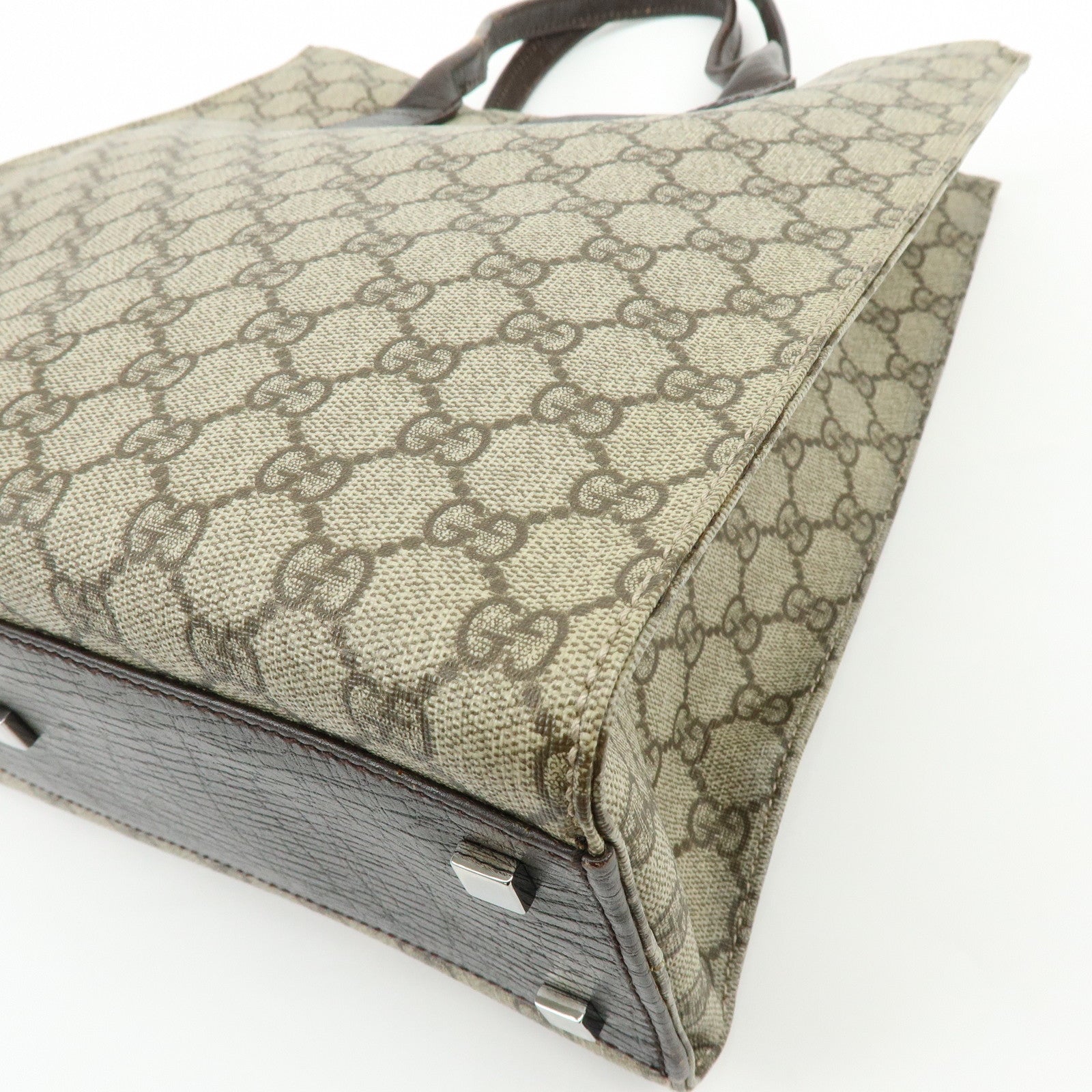GUCCI GG Supreme Leather Tote Bag Hand Bag Beige Dark Brown 91249