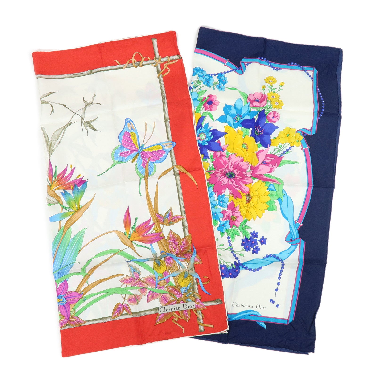 Christian Dior Set of 2 Silk 100% Scarf Flower Butterfly Red Navy
