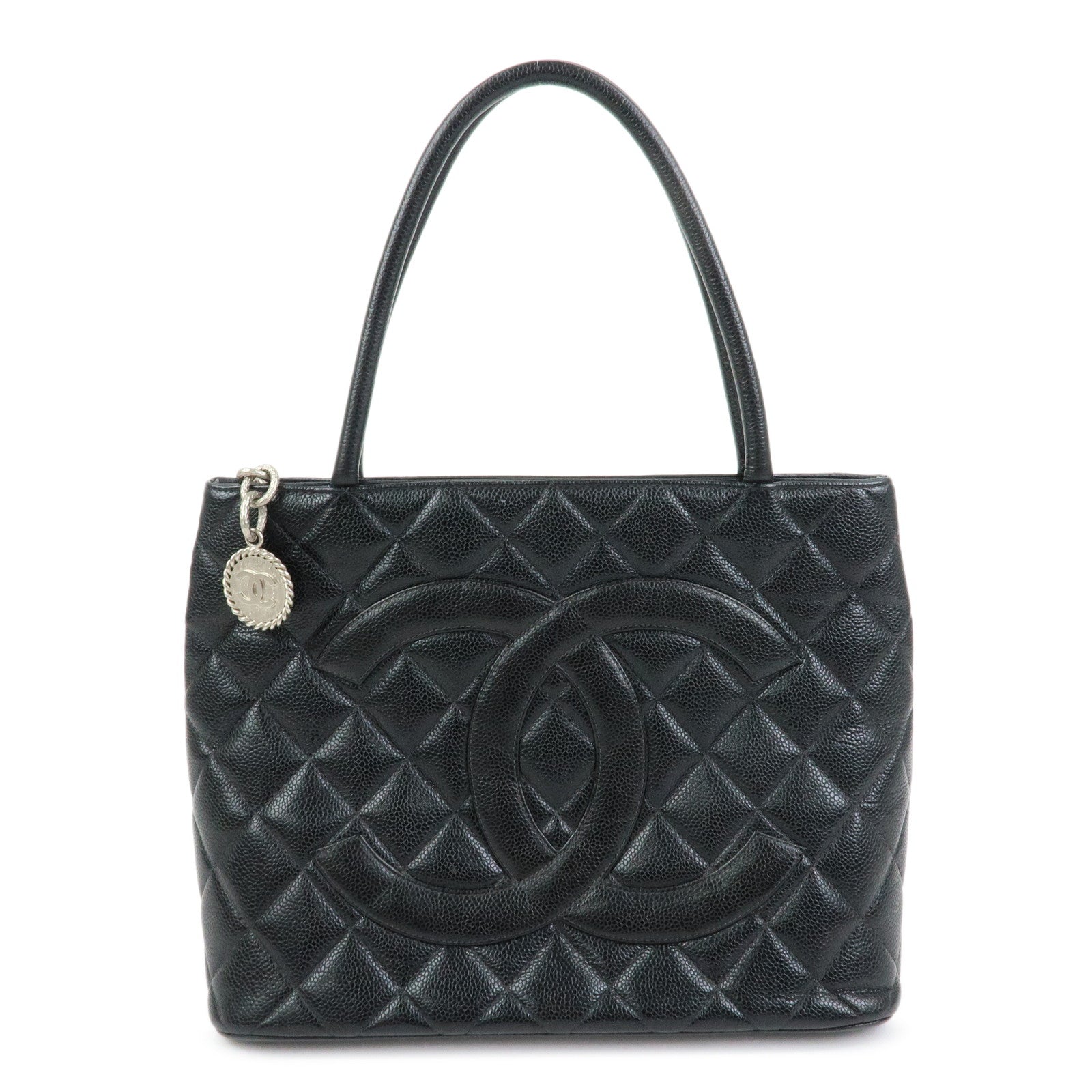 CHANEL Matelasse COCO Mark Caviarskin Medallion Tote Bag Black A01804