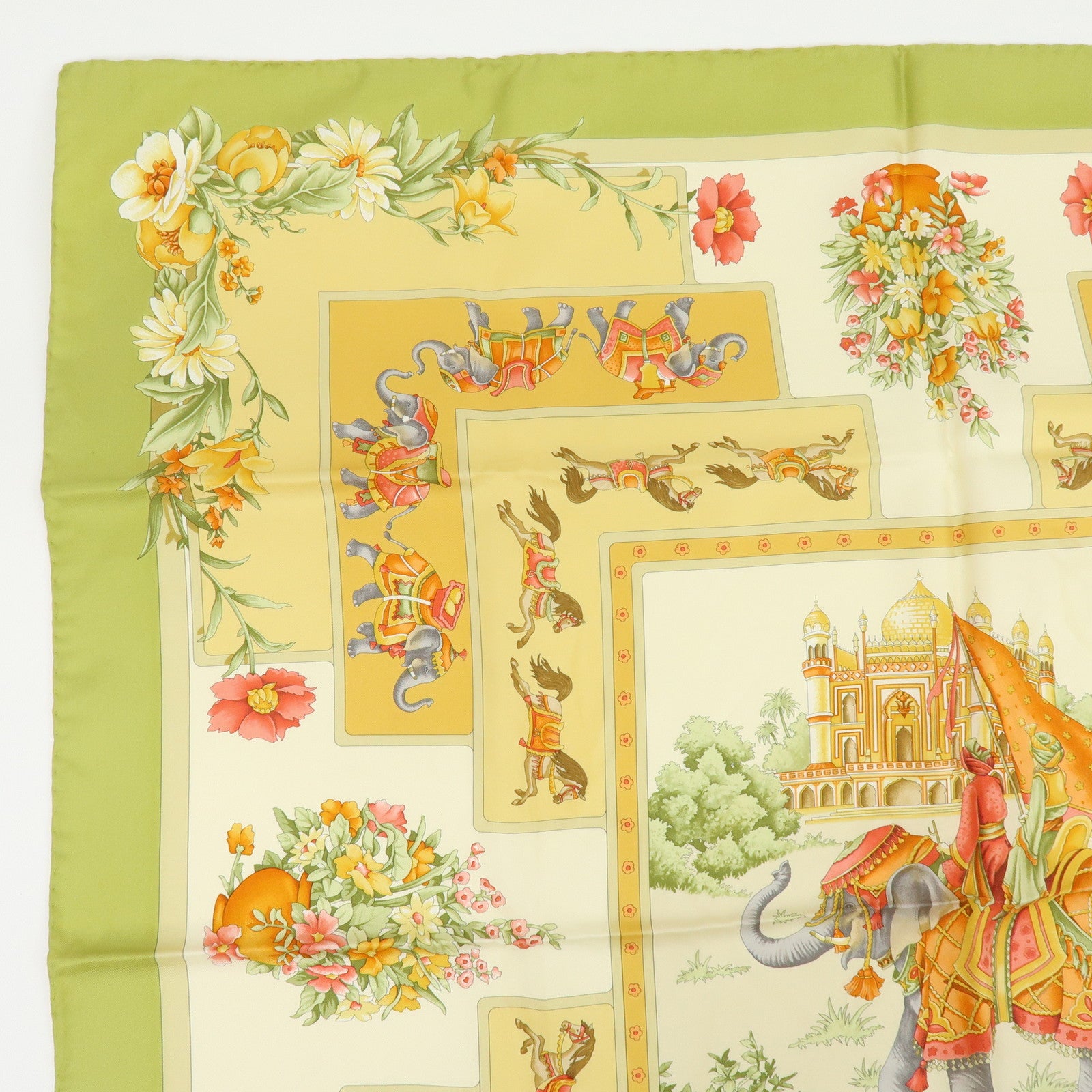 Ferragamo Set of 2 Silk 100% Scarf Tiger Elephant Print Light Green