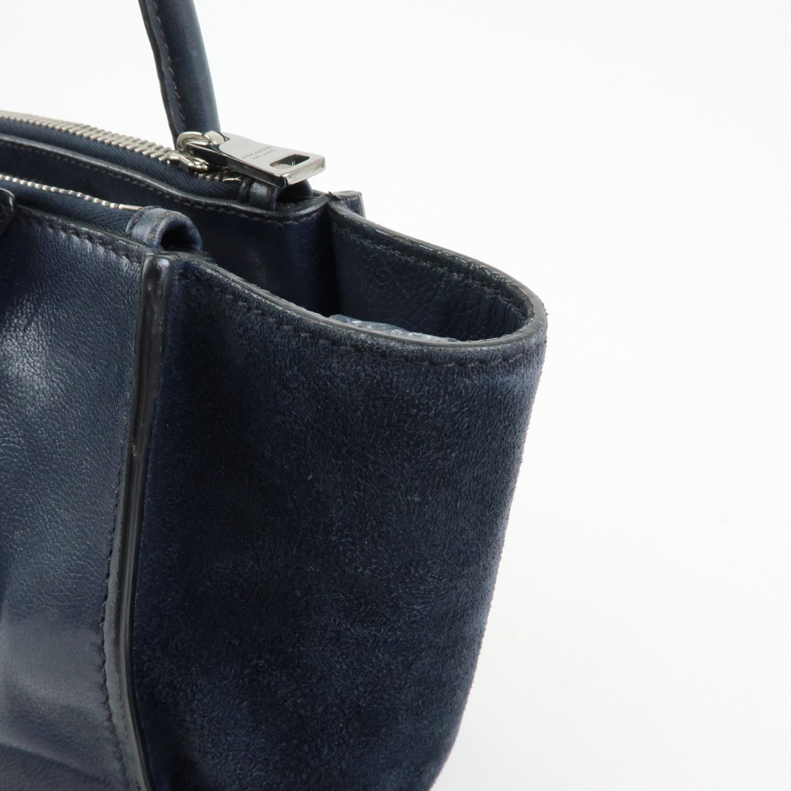 PRADA Triangle Logo Leather 2Way Bag Tote Bag Hand Bag Navy B2625M