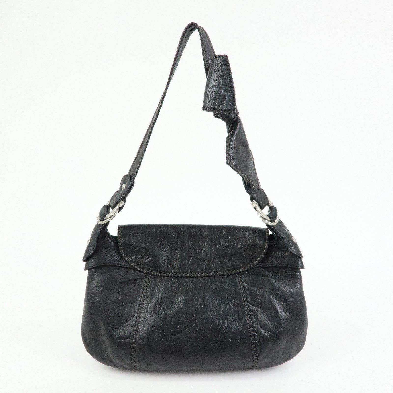 Ferragamo Gancini Embossed Flower Leather Shoulder Bag Black