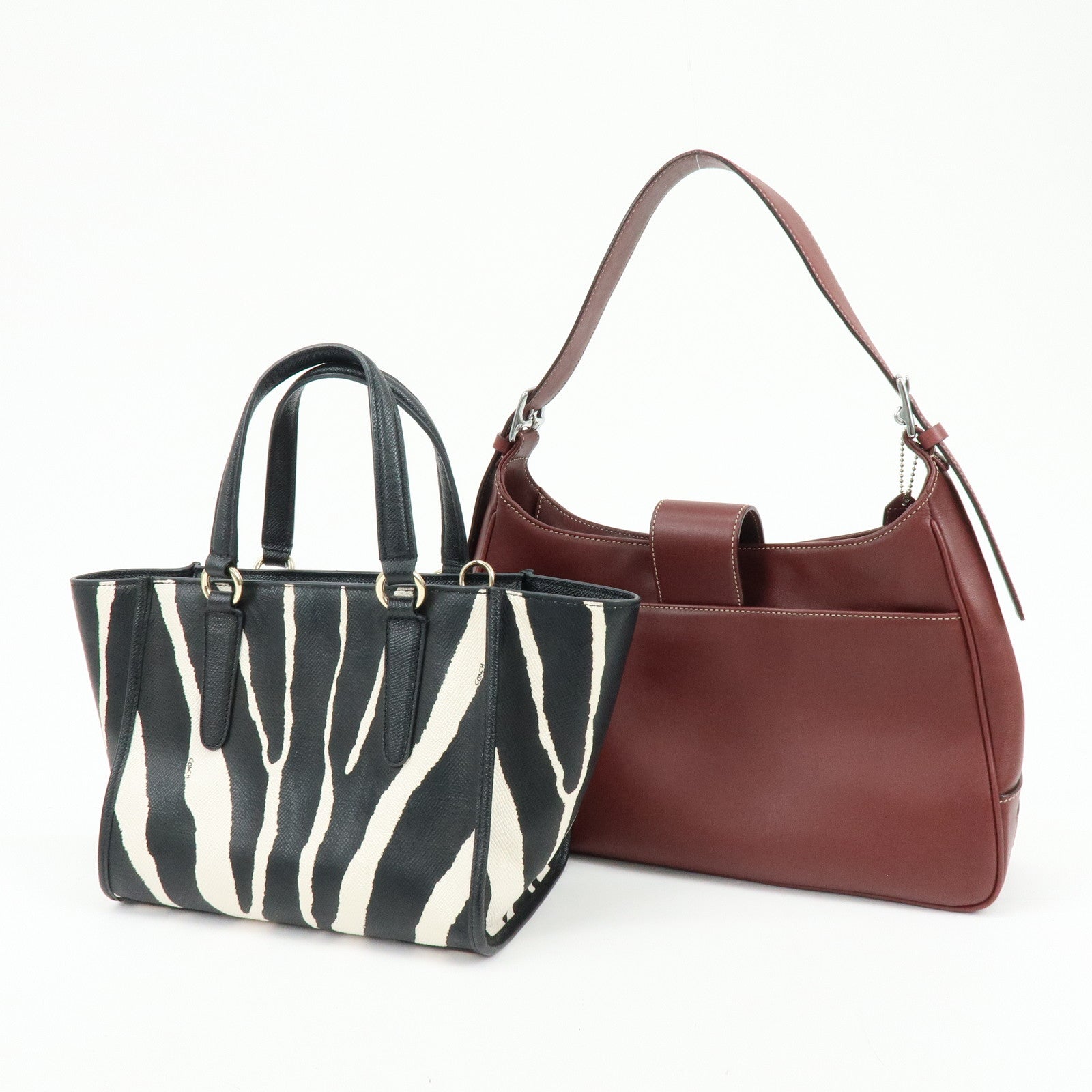 COACH Set of 2 Leather Shoulder Bag 2Way Tote Bag Bordeaux Black White
