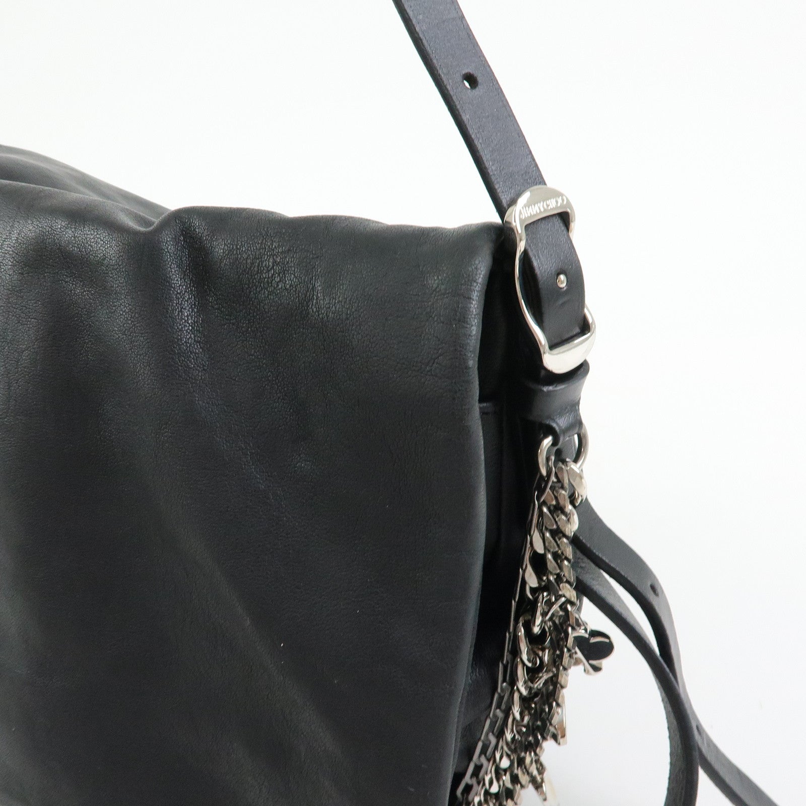 JIMMY CHOO Leather Shoulder Bag Crossbody Bag Metal Chain Black
