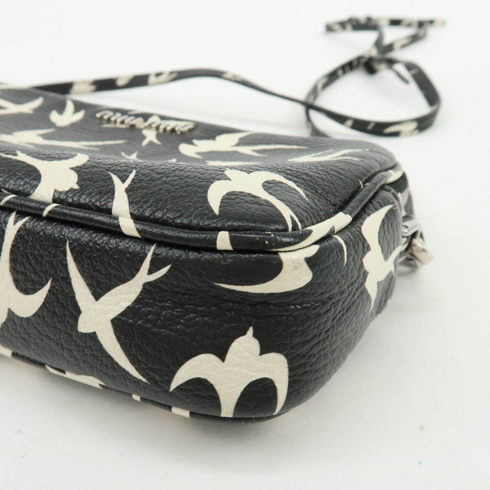 MIU MIU Swallow Madras Leather Shoulder Bag Black White 5ZH011