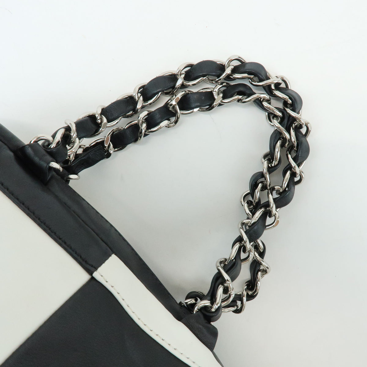 CHANEL COCO Mark Bicolor Lamb Skin Bowling Bag Hand Bag Black White