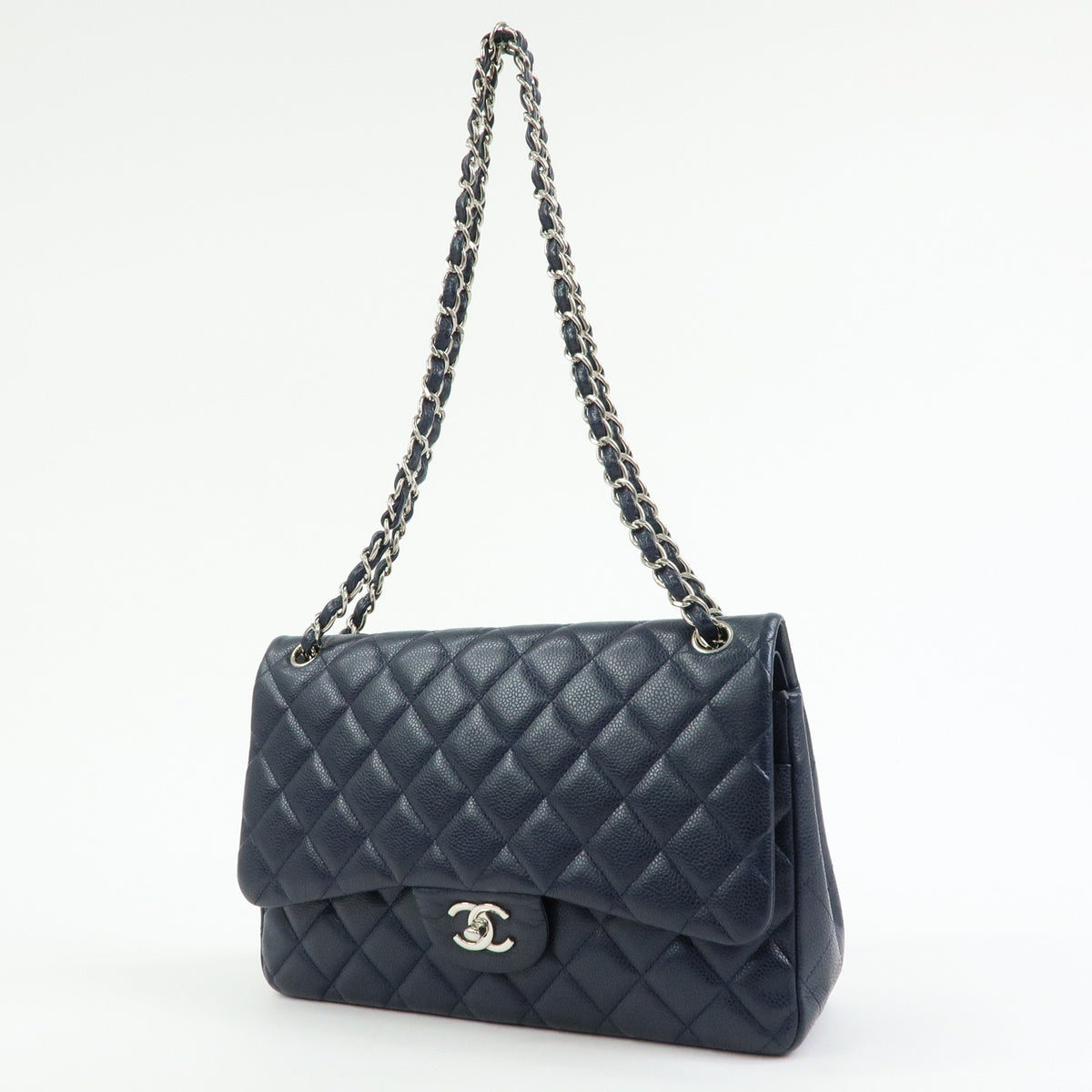 CHANEL Matelasse 30 Caviarskin W Flap Chain Shoulder Bag Navy A58600