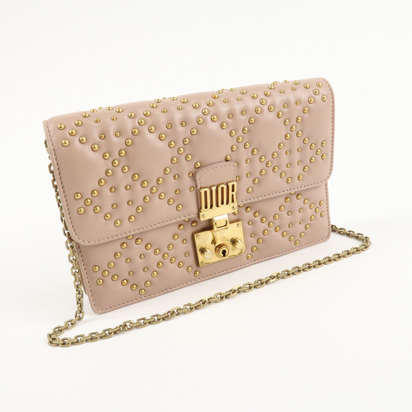 Christian Dior Addict Studs Leather Chain Shoulder Bag Hand Bag Beige Used