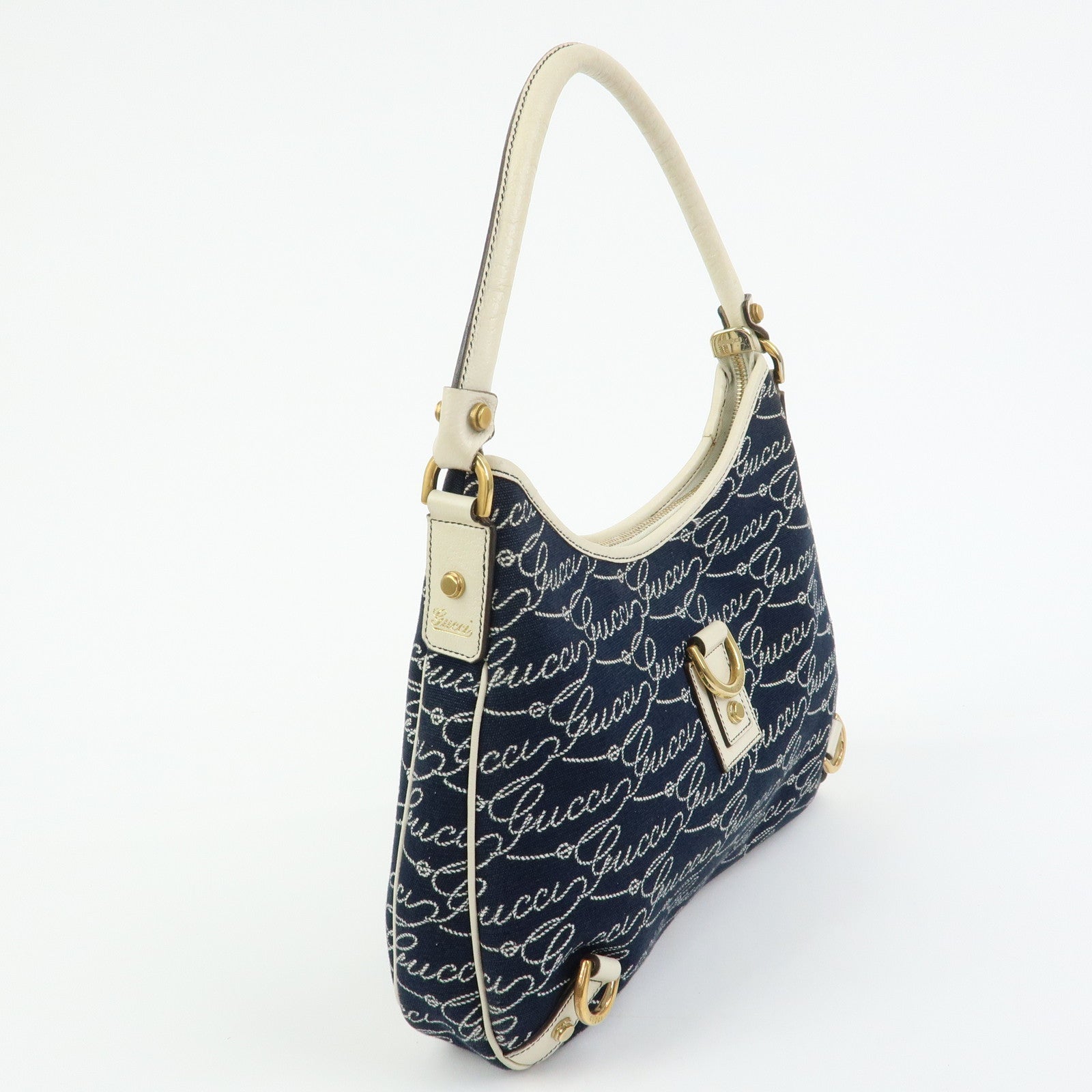 GUCCI Abbey Canvas Leather Shoulder Bag Hand Bag Navy White 130738