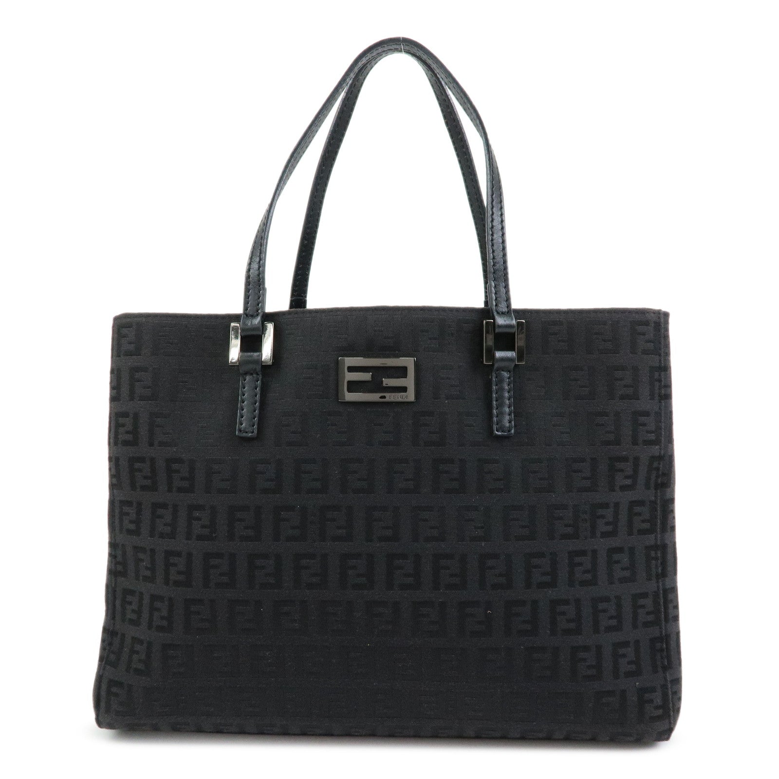 FENDI Zucchino Canvas Leather Hand Bag Tote Bag Black 8BH132