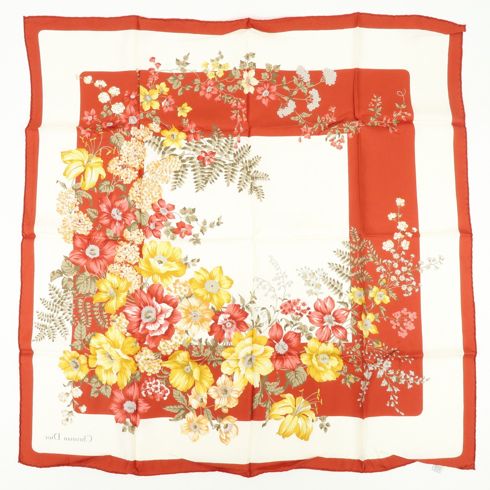 Christian Dior Silk 100％ Scarf Flower Print White Red Yellow
