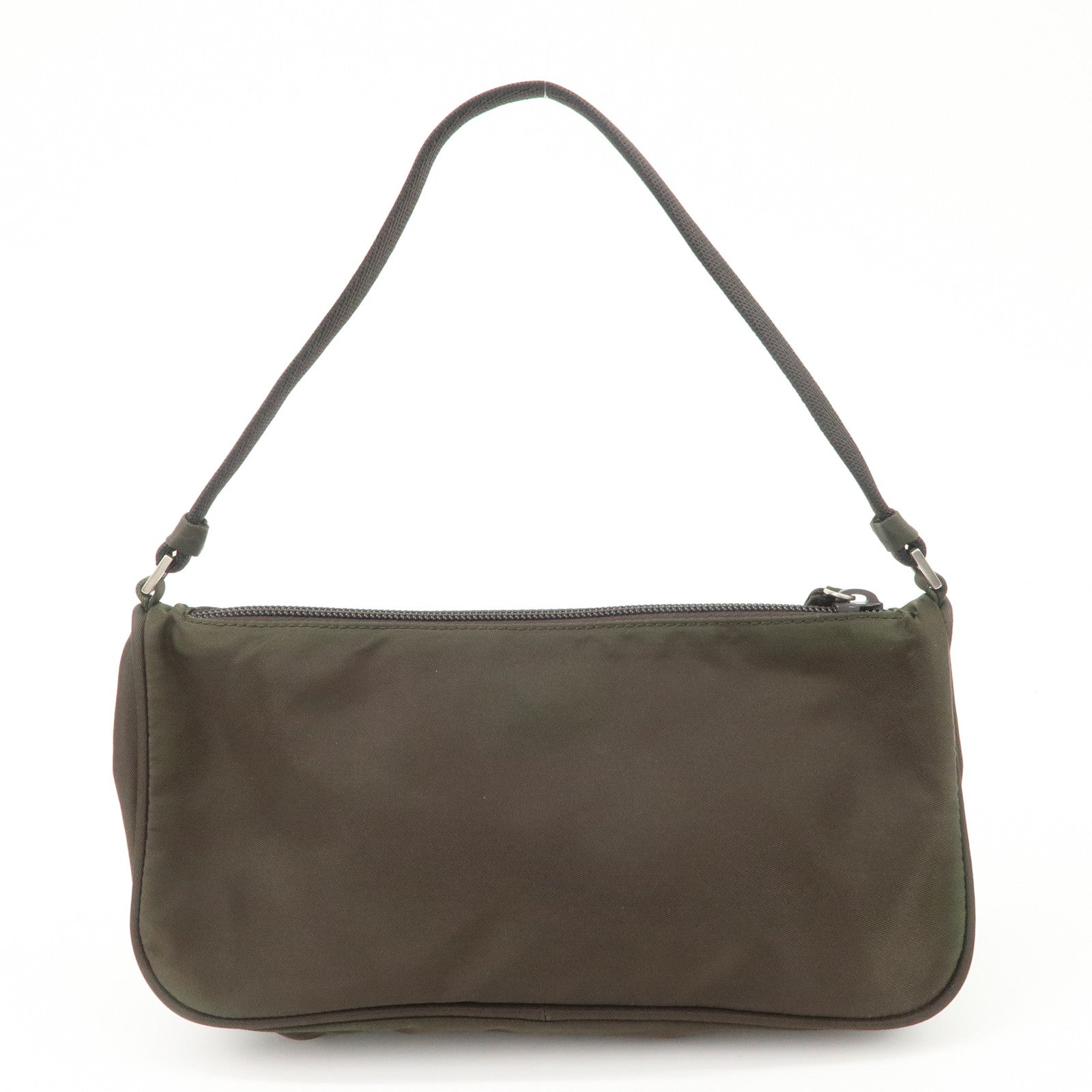 PRADA Triangle Logo Nylon Leather Accessory Pouch Hand Bag Khaki Silver HDW Used