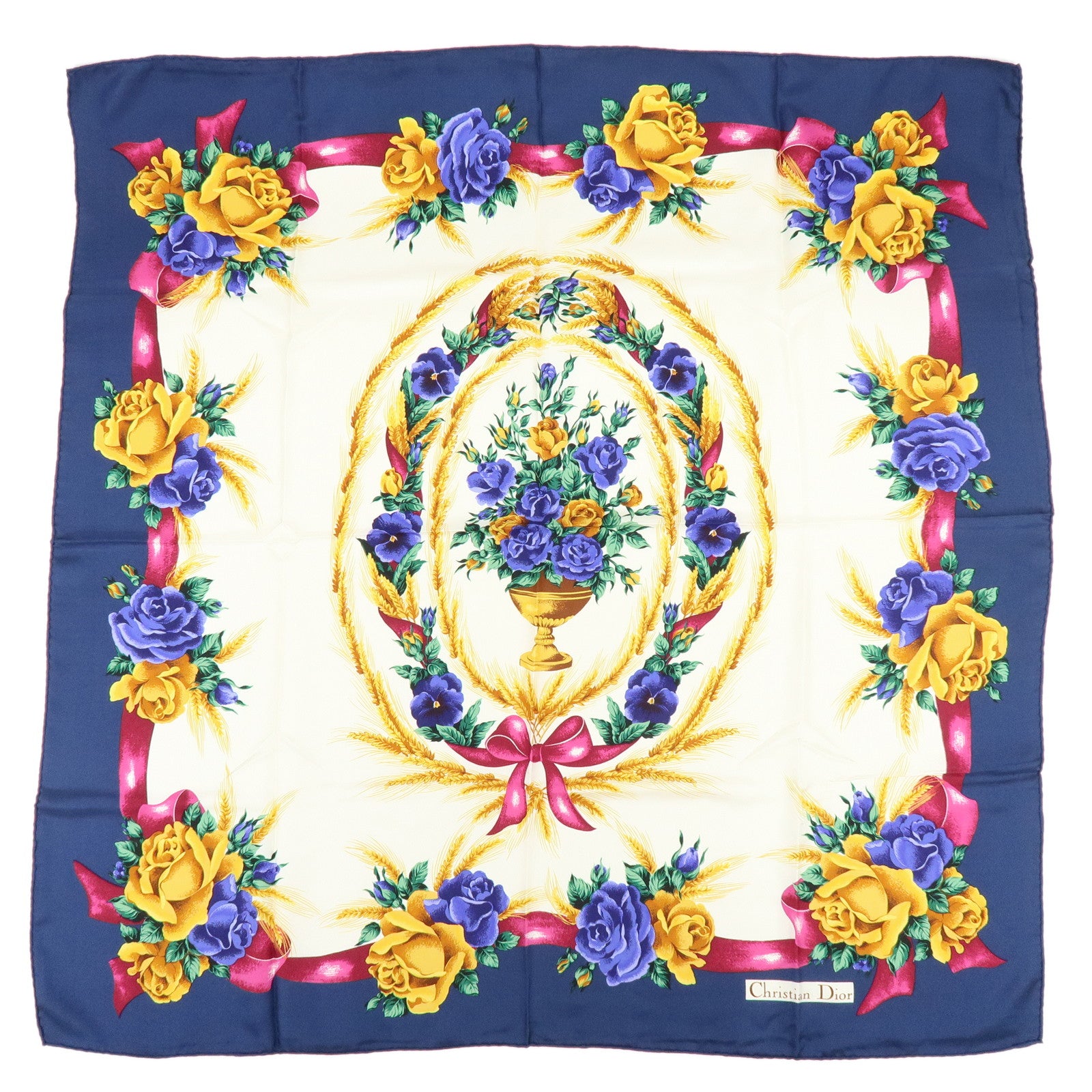 Christian Dior Silk 100% Scarf Flower Wheat Motif Navy Purple Gold