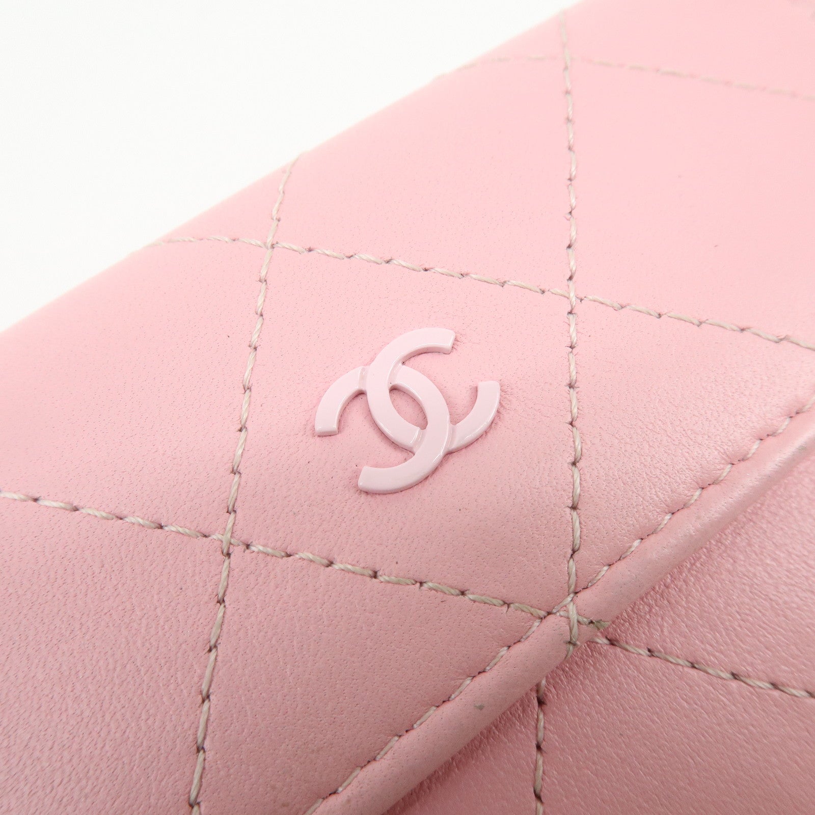 CHANEL COCO Mark Wild Stitch Calf Skin Tri-Fold Compact Wallet Pink