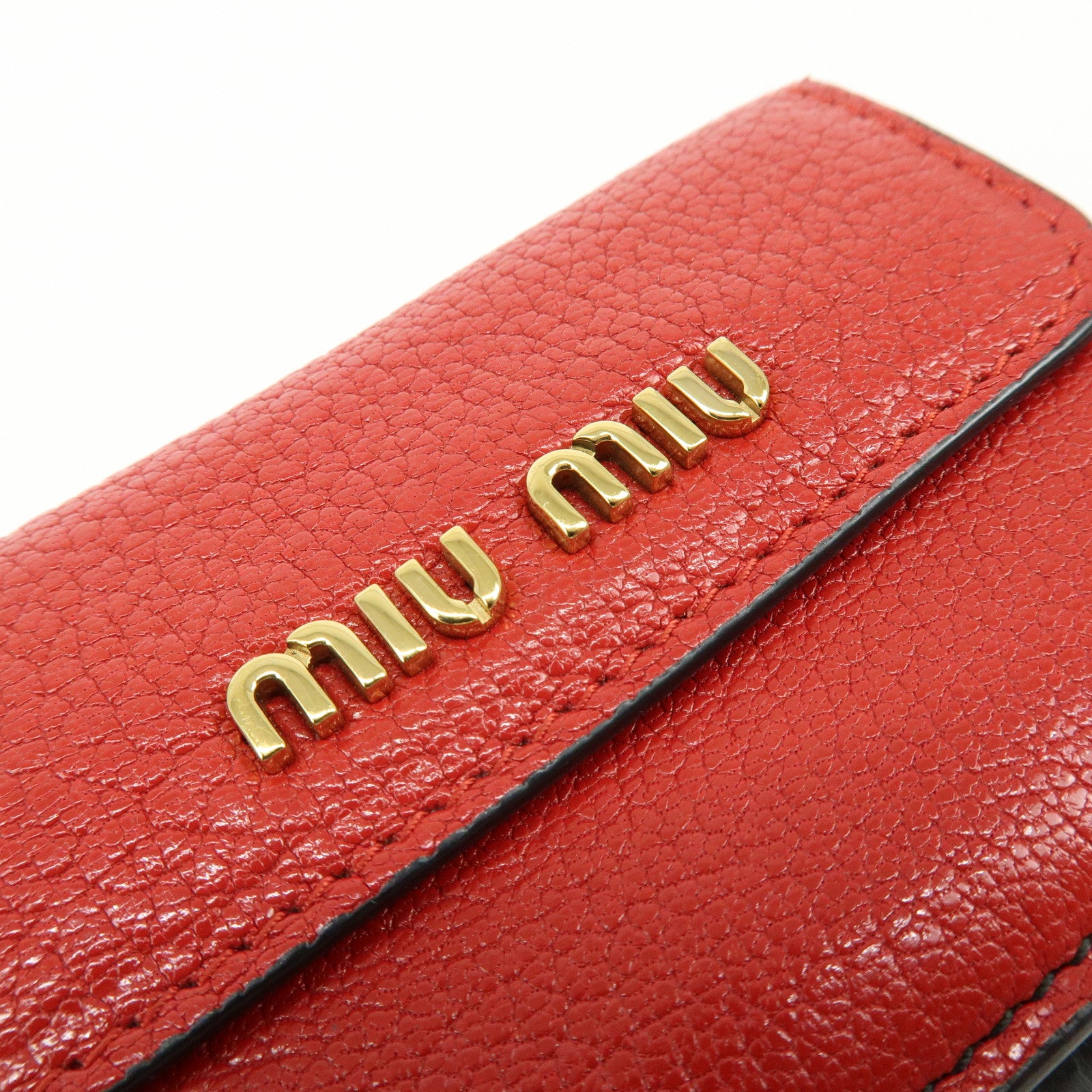 MIU MIU Logo Madras Leather Tri-fold Compact Wallet Red Black 5MH020