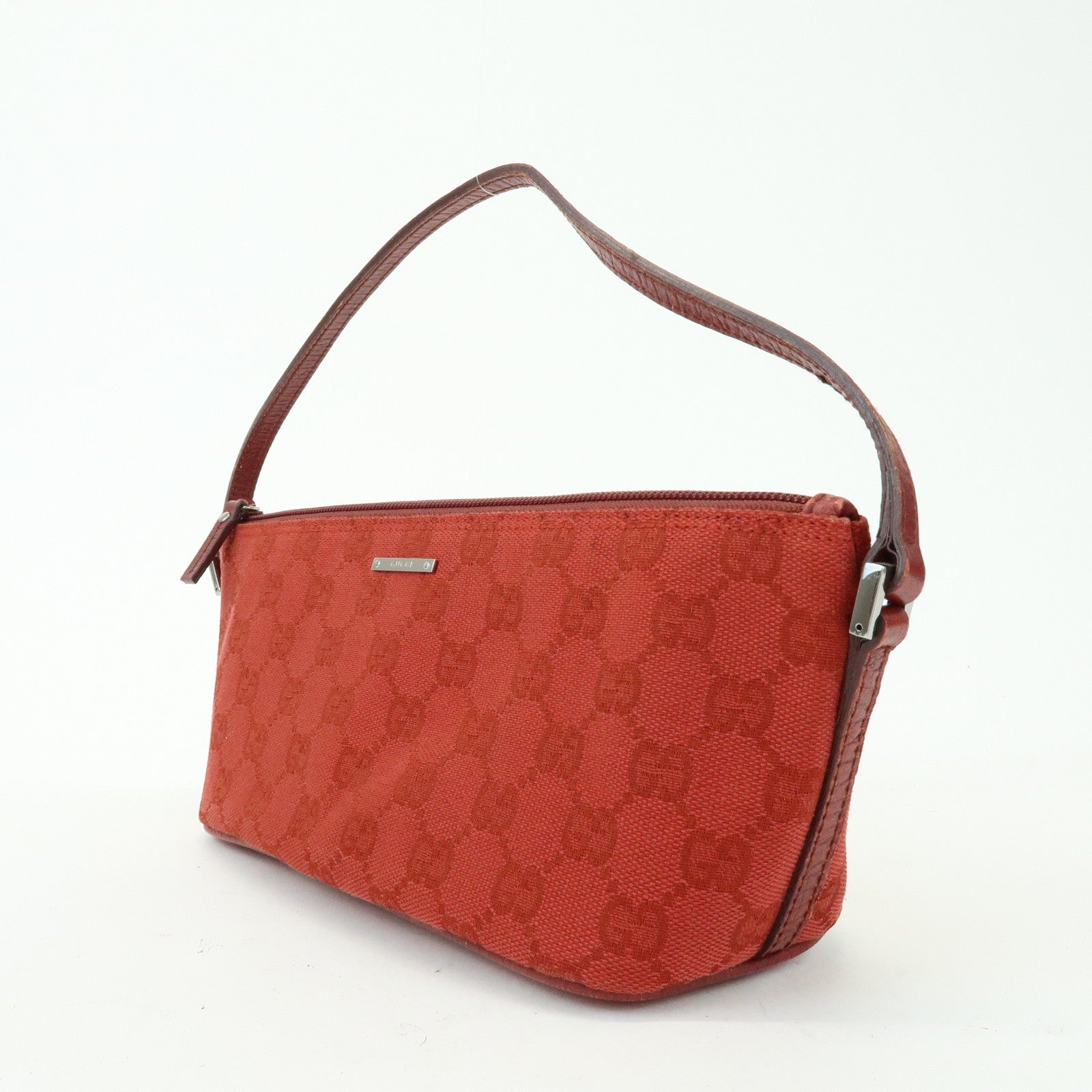 GUCCI Boat Bag GG Canvas Leather Accessory Pouch Hand Bag Red 07198