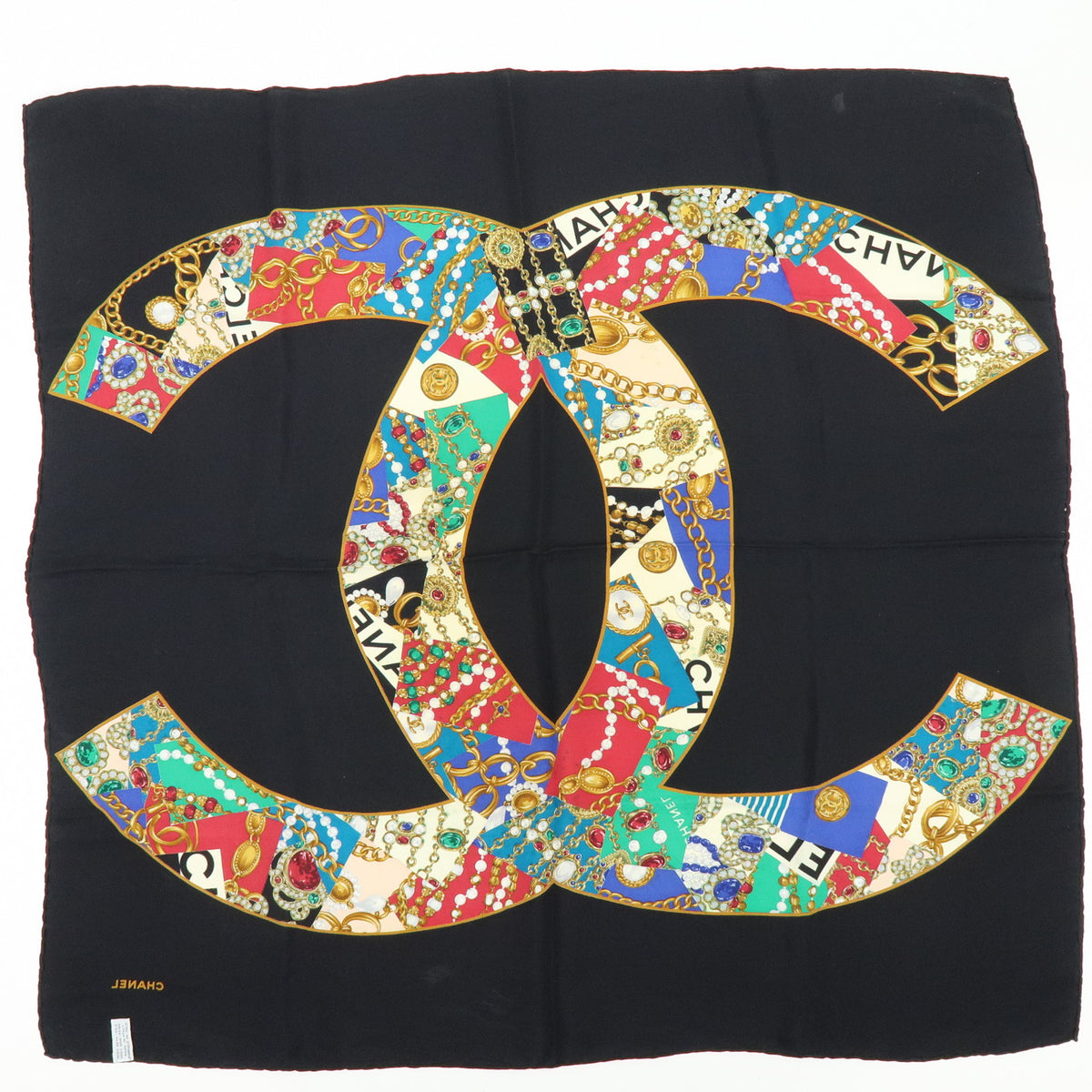 CHANEL Lot of 2 Silk 100% Scarf Flower Jewelry Motif Black Gold