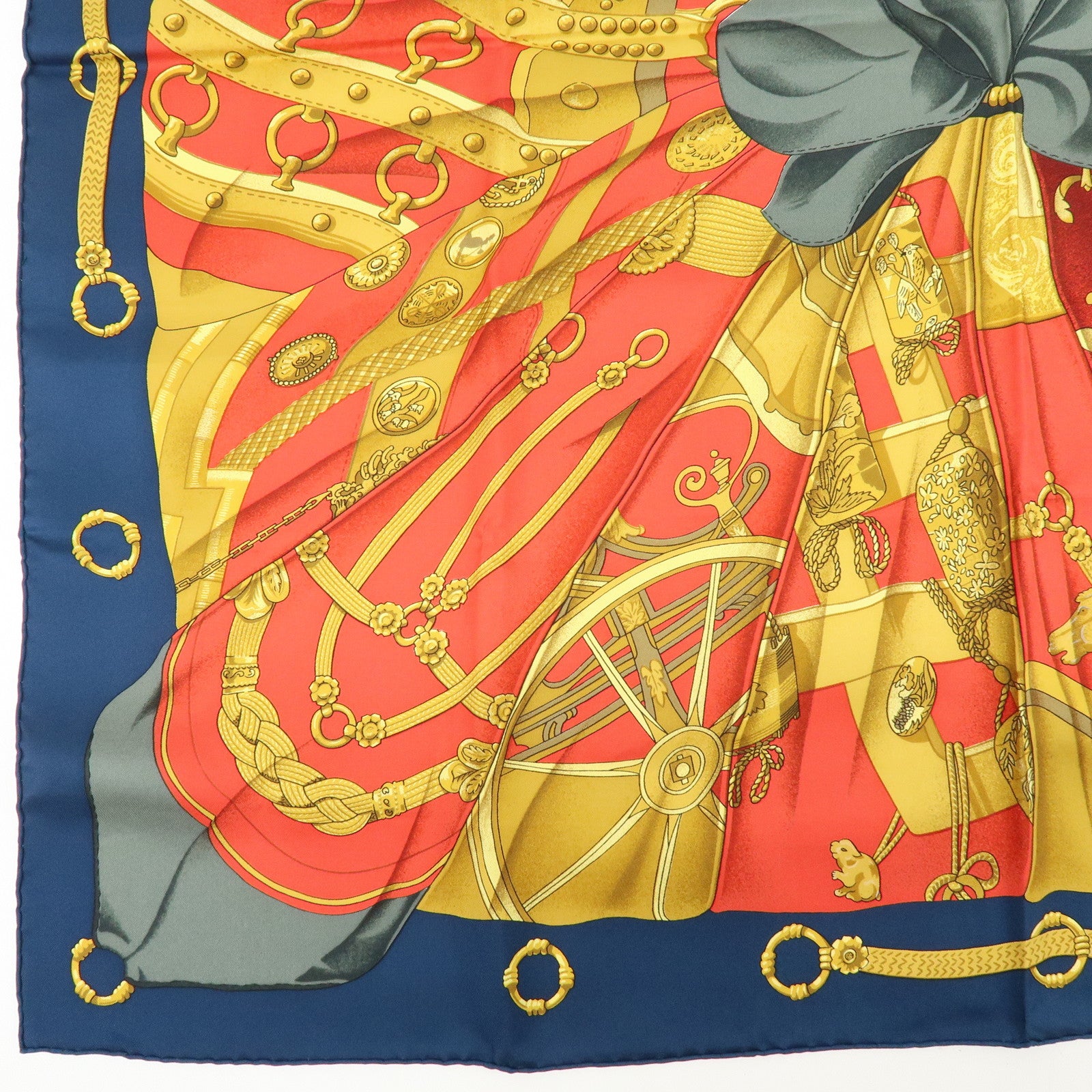 HERMES Carre 90 Silk 100% Scarf Soleil de Soie  Red Navy Gold