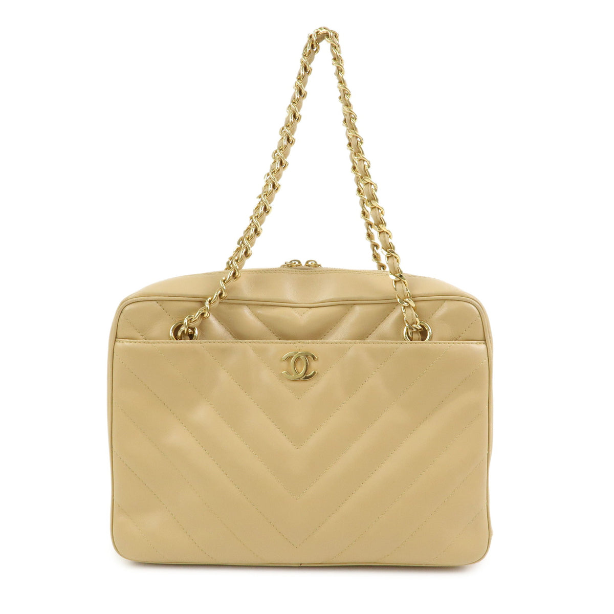 CHANEL Chevron COCO Mark Lamb Skin Chain Shoulder Bag Beige