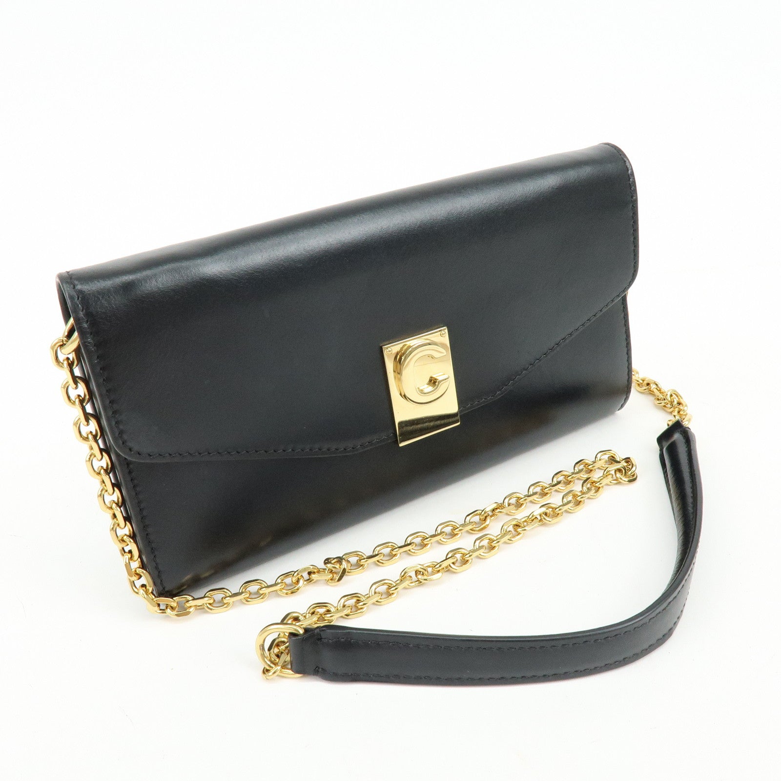 CELINE C Logo Leather Chain Long Flap Wallet Black
