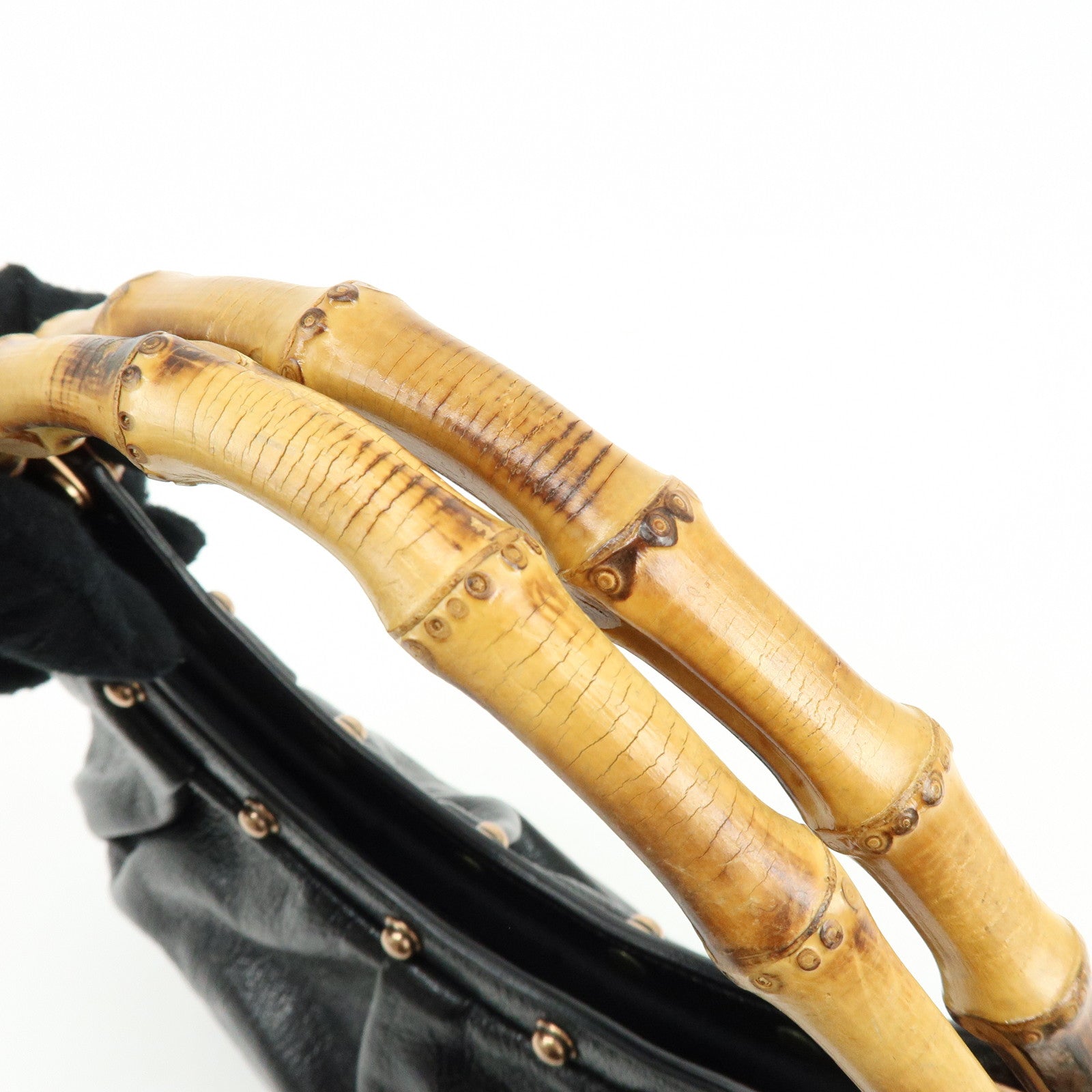 GUCCI Bamboo Leather Studs Hand Bag Tote Bag Black