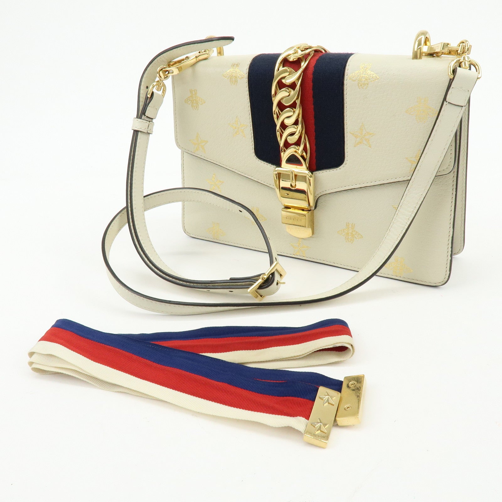 GUCCI Sylvie Sherry Calf Leather Shoulder Bag Ivory Bee & Star 524405