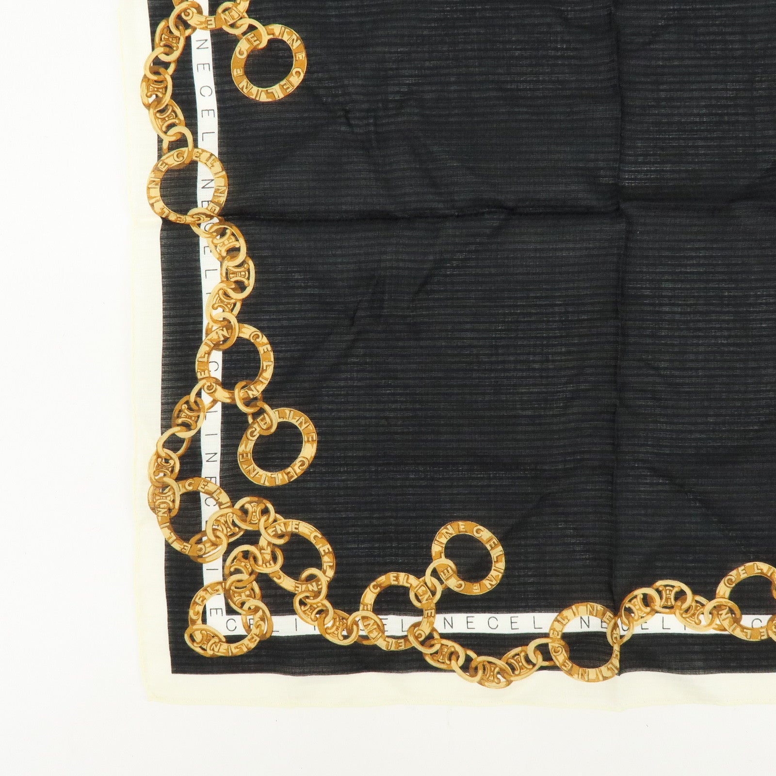 CELINE Set of 2 Silk Cotton Handkerchief Scarf Chain Motif Black Gold