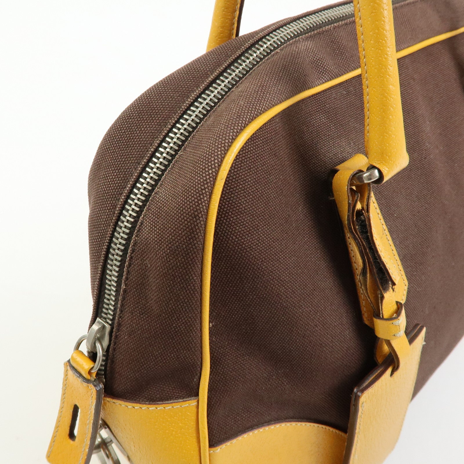 PRADA Triangle Logo Canvas Leather Boston Bag Brown Yellow B10813