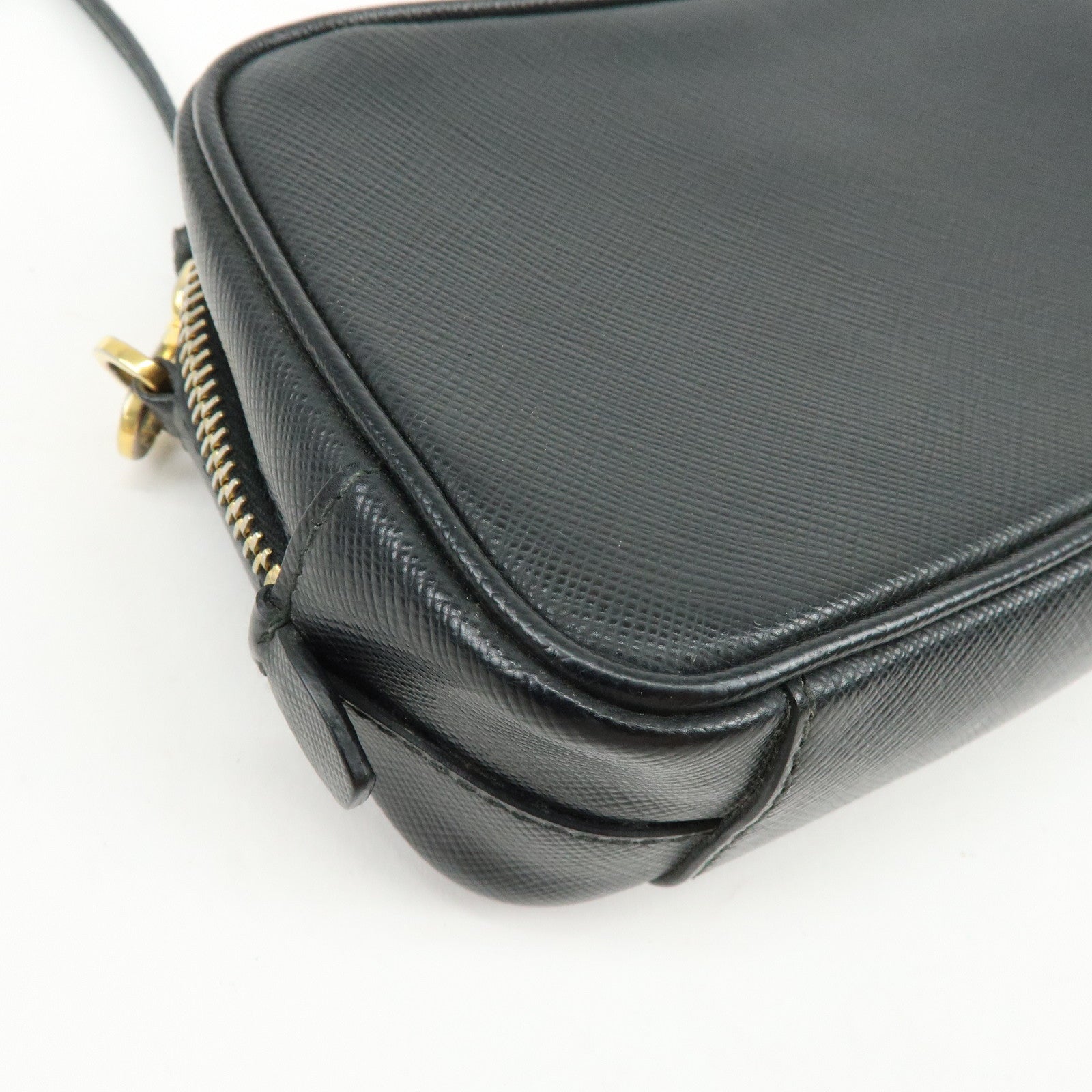 PRADA Saffiano Leather Shoulder Crossbody Bag Ribbon Motif Black 1NF674