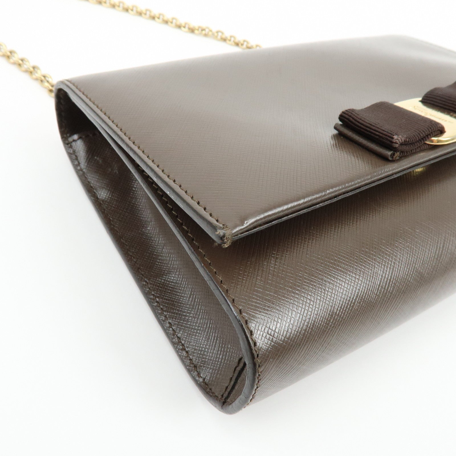 Ferragamo Vara Ribbon Embossed Leather Chain Shoulder Bag Brown
